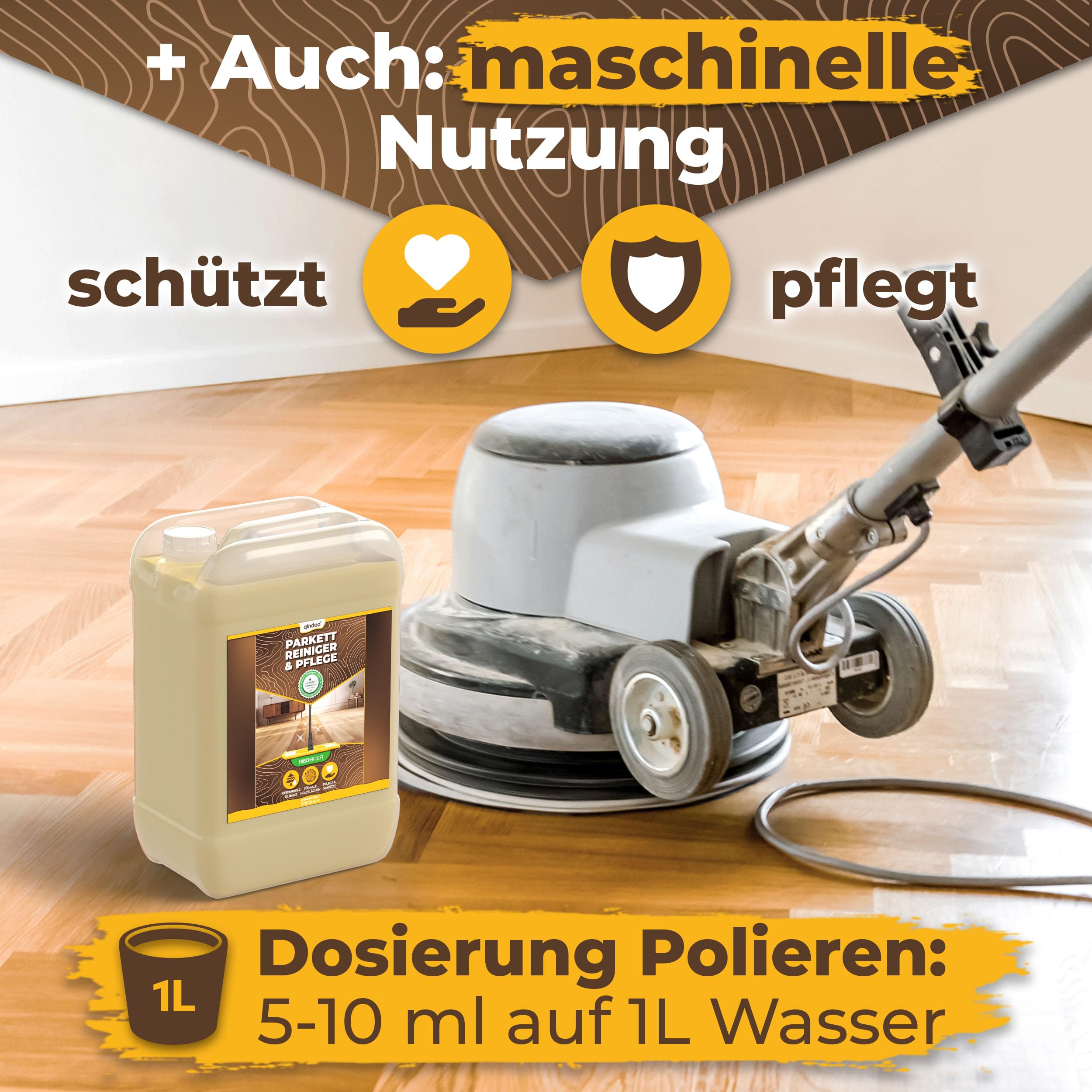 Parkettpflege für geölte Böden 5L Holz Dielen Parkettboden Reiniger Pflege, Holzboden un d Parkett wischen, Holzseife mit UV-Schutz
