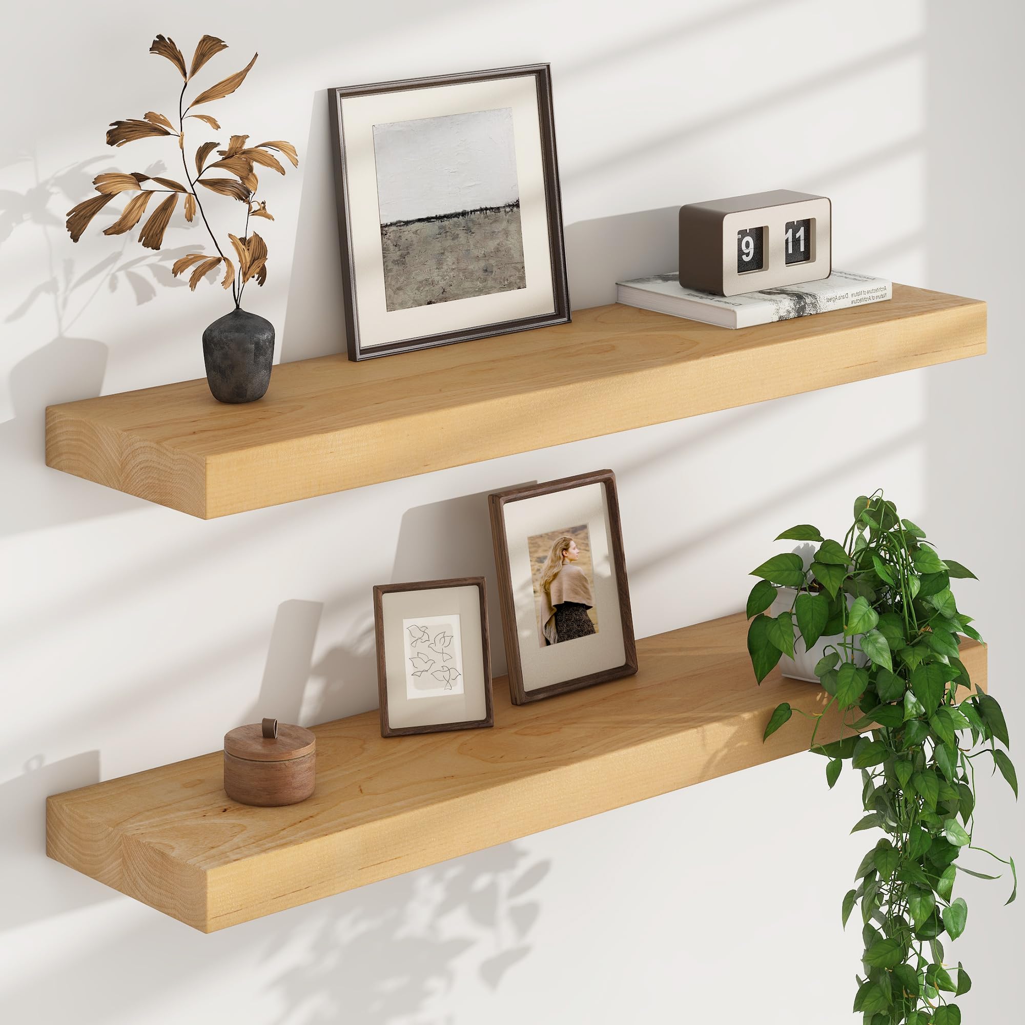 Floating Shelves for Wall, USA-Sourced Brich Wood 32 Inch Wall Shelves Set of 2, Natural Wooden Mounted Picture Ledge Shelf, Nursery Book Storage Shelf Kids Bookshelf Display, Shelf for Bathroom