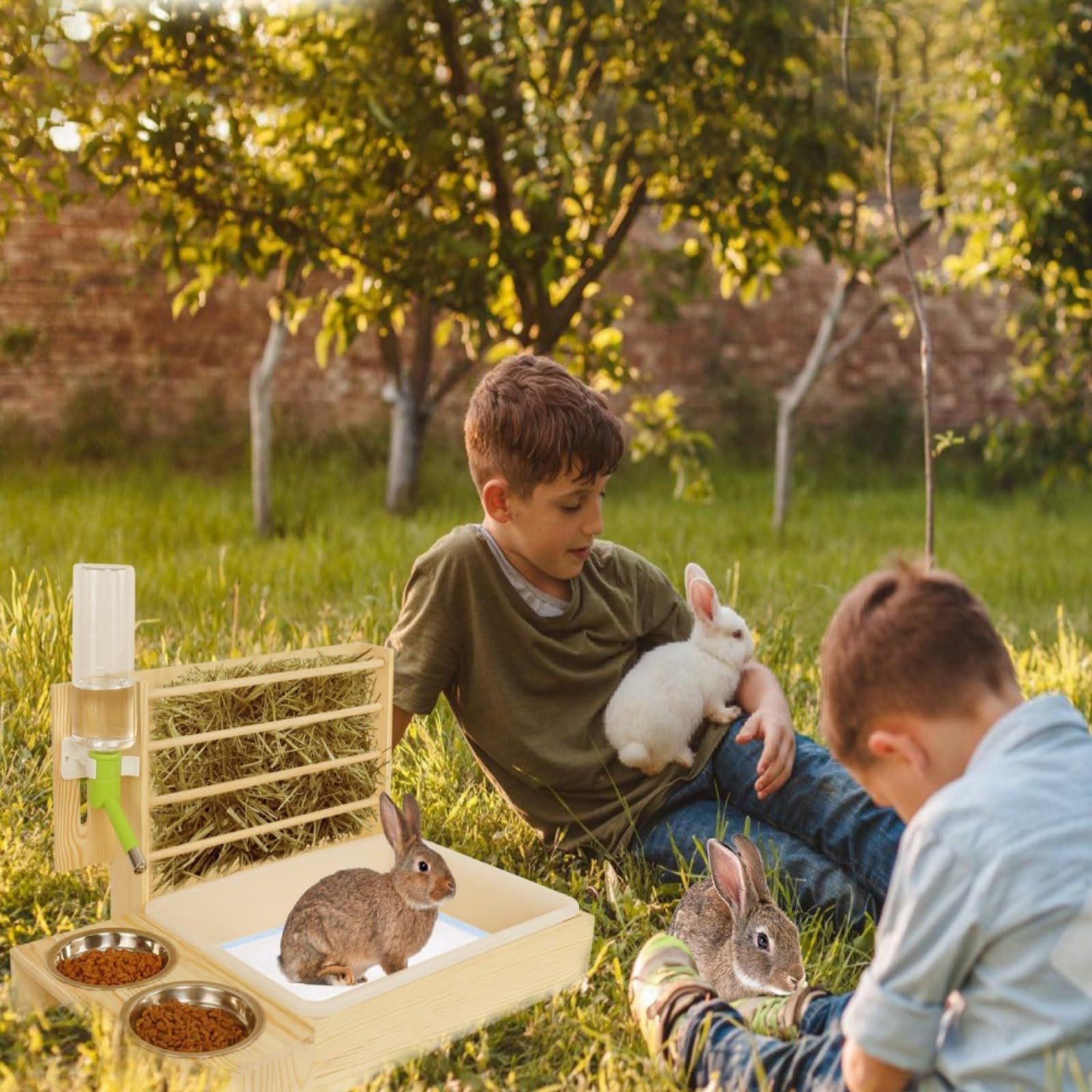 Mangeoire à Foin pour Lapin, mangeoire à Lapin en Bois avec bac à litière et Bols, ratelier foin lapin,mangeoire lapin,litiere lapin,ratelier foin,mangeoire à Foin pour Lapins, Petits Animaux de Compa