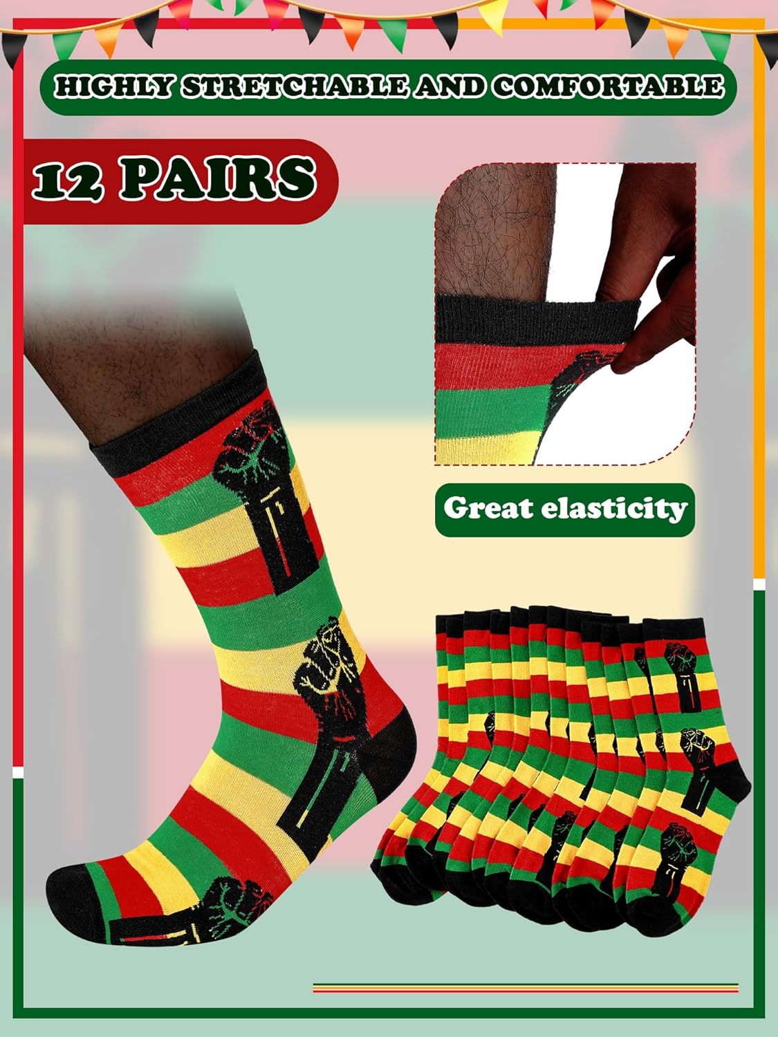 12 Pairs Black History Month Socks for Men Novelty African Flag Striped Cotton Crew Socks Bulk Juneteenth Black History Clothing Gift for African Men Party Favors - Image 2