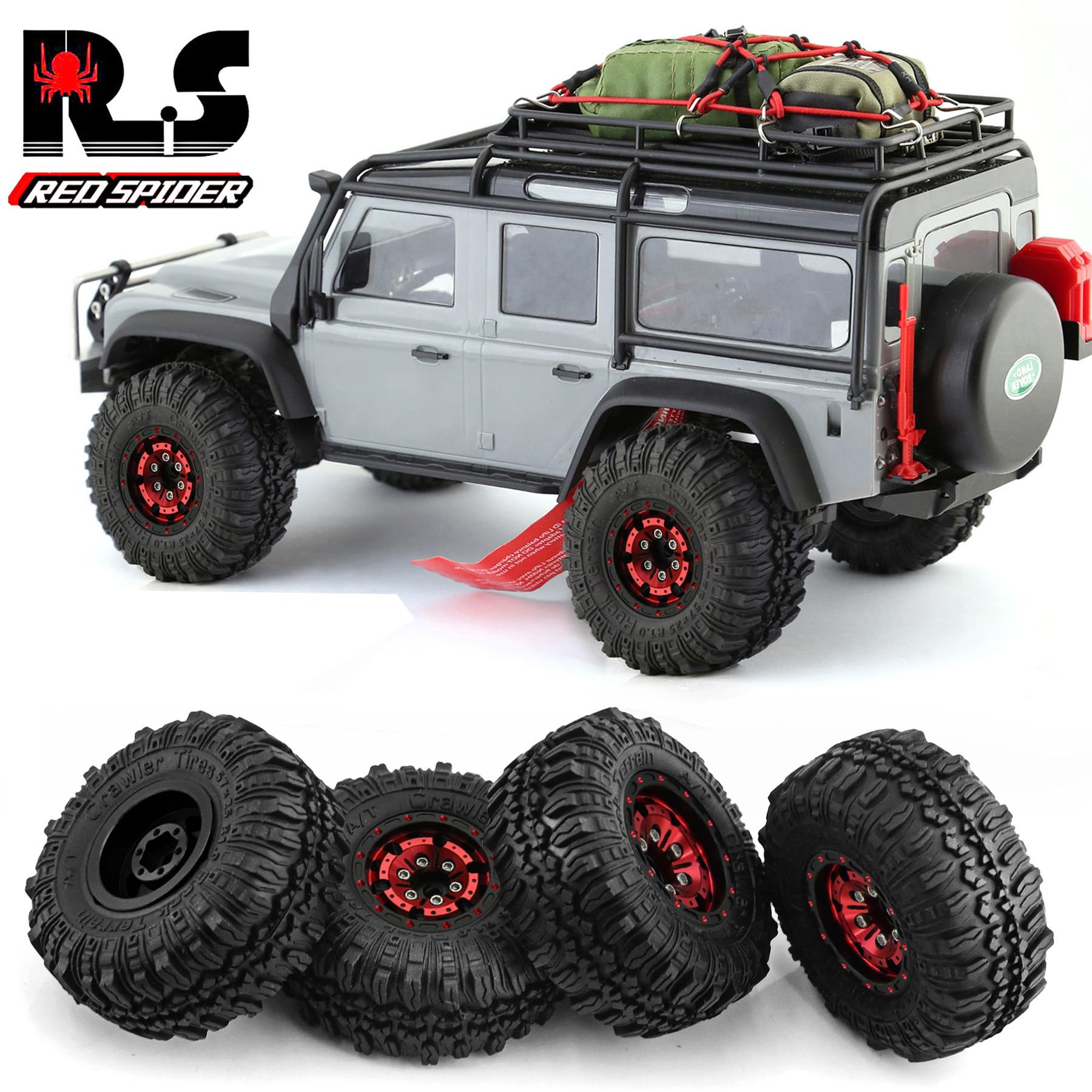 REDSPIDER ?4pcs? 1.0 beadlock Wheels and Tires?1.0 Tires Set Has Super Soft Stickiness?Wheel hub Colors Available. 1.0 Crawler Tires for TRX4M Axial AX24 SCX24 FCX24 1/18 1/24 RC Crawler Car (Red)