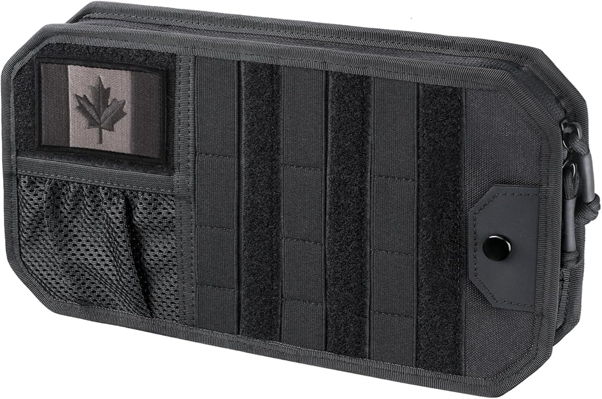LIVANS Tactical Car Sun Visor Organizer | Automotive Semi-Rigid MOLLE Panel with Zipper Storage Pouch & Glasses Clip | Universal Fit for Trucks, SUVs, Jeeps & Patrol Vehicles (Black)