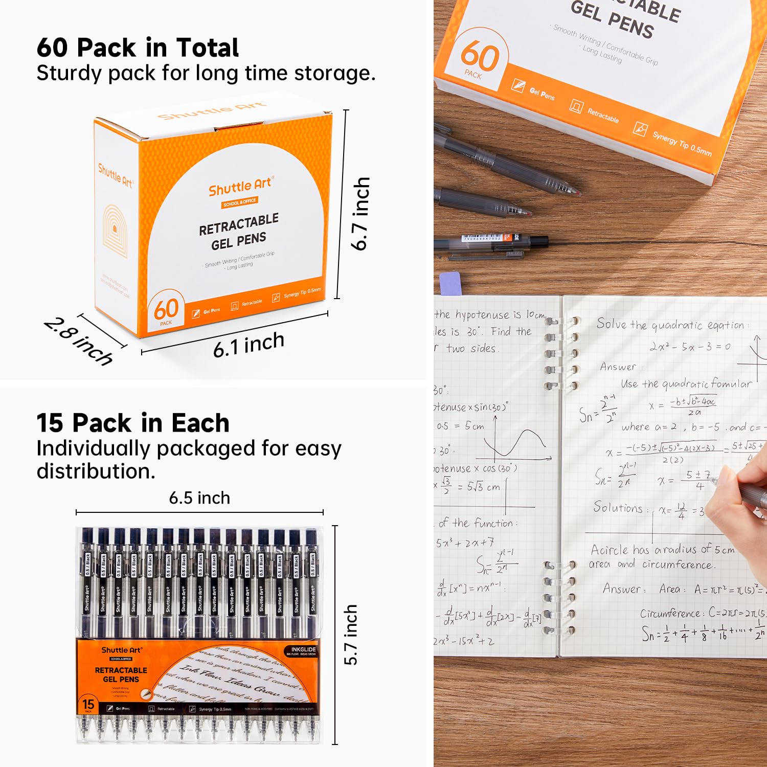 Shuttle Art Black Gel Pens Ink Glide Series 60 Pack Retractable 0 5mm Fine Point Rollerball Gel Ink — view 2