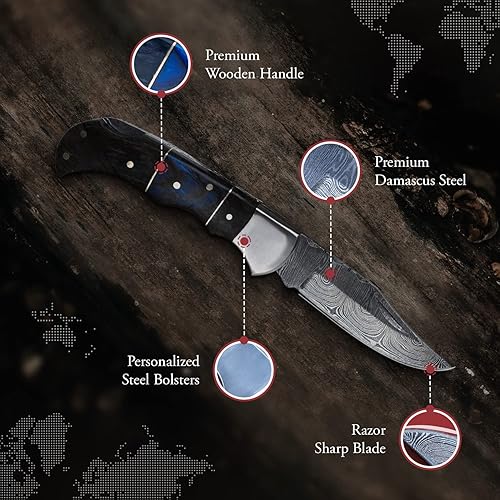 Miniatura 2 de Morf Steelware - Cuchillo de bolsillo de acero de damasco, hecho a mano, cuchillo de bolsillo pequeño para exteriores, camping, senderismo, hoja de