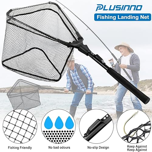 Miniatura 6 de PLUSINNO Red de pesca para la pesca, plegable, mango telescópico, malla de material de nailon duradero, captura o liberación segura de peces