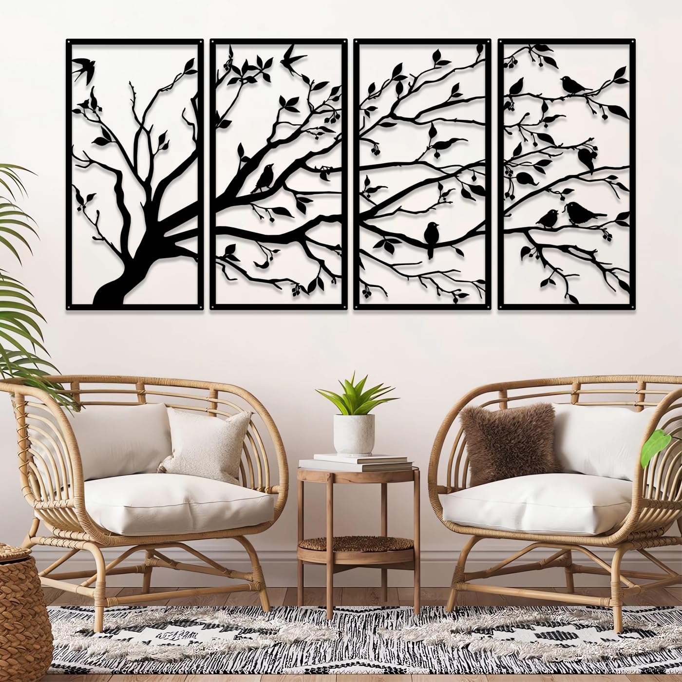 Luccyle Albero in metallo della vita 4 pannelli segno dell'albero arte murale decorazione murale decorazione d'interni regalo per la casa (23.6in*11.8in)