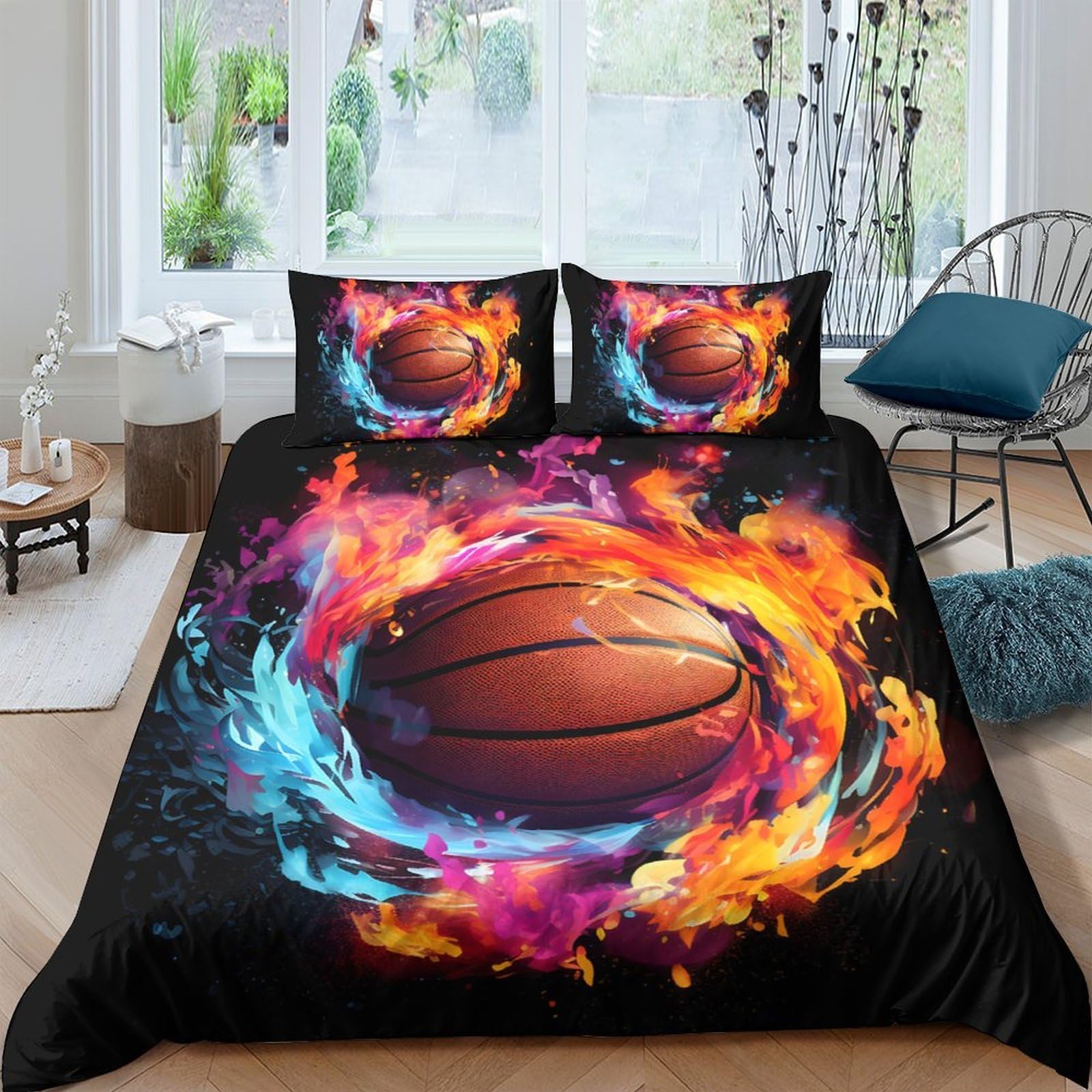 Ctjqhvkz Style-5 3D Printed Fire Basketball Fitted Sheet Microfiber Soft Water Splash Bed Cover For Bedroom Dorm Mattress Decor Single（135X200cm）