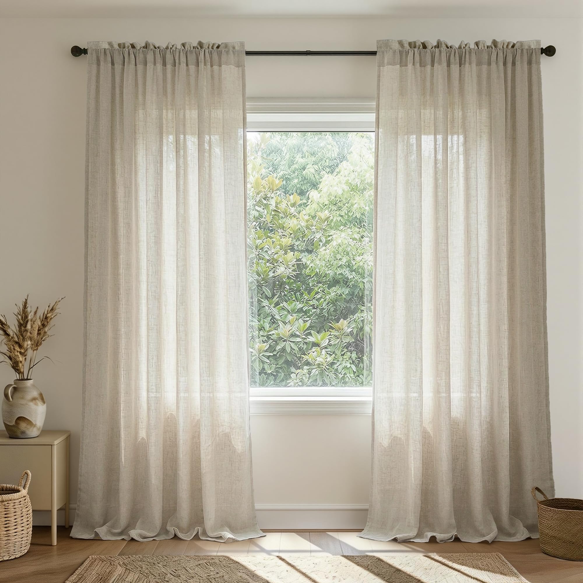 Flax Linen Curtains 84 Inch Length for Living Room 2 Panel Set Rod Pocket Sack Tweed Cotton Cloth Look Semi Sheer Beige Tan Curtain for Bedroom Earth Tone Primitive Burlap Farmhouse Cozy Western Decor