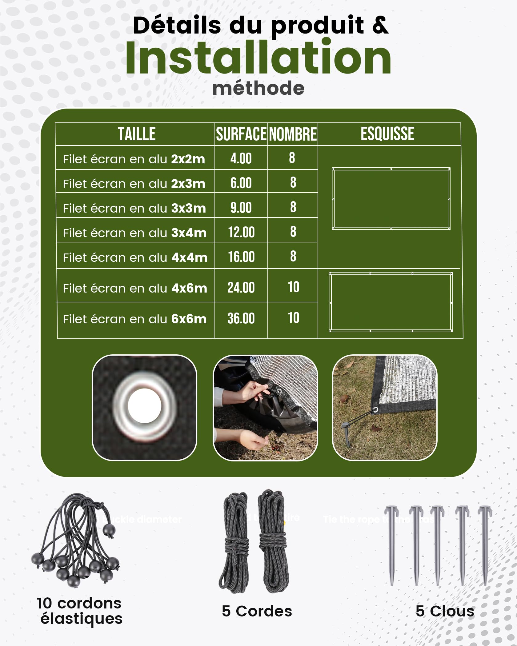 Filet d'ombrage pour Voiture 3x4m, 85% d'aluminium Filet d'ombrage comme Protection Contre Les UV et Le Soleil, pour l'extérieur, y Compris Corde élastique, 5m de Corde en Nylon, Clous