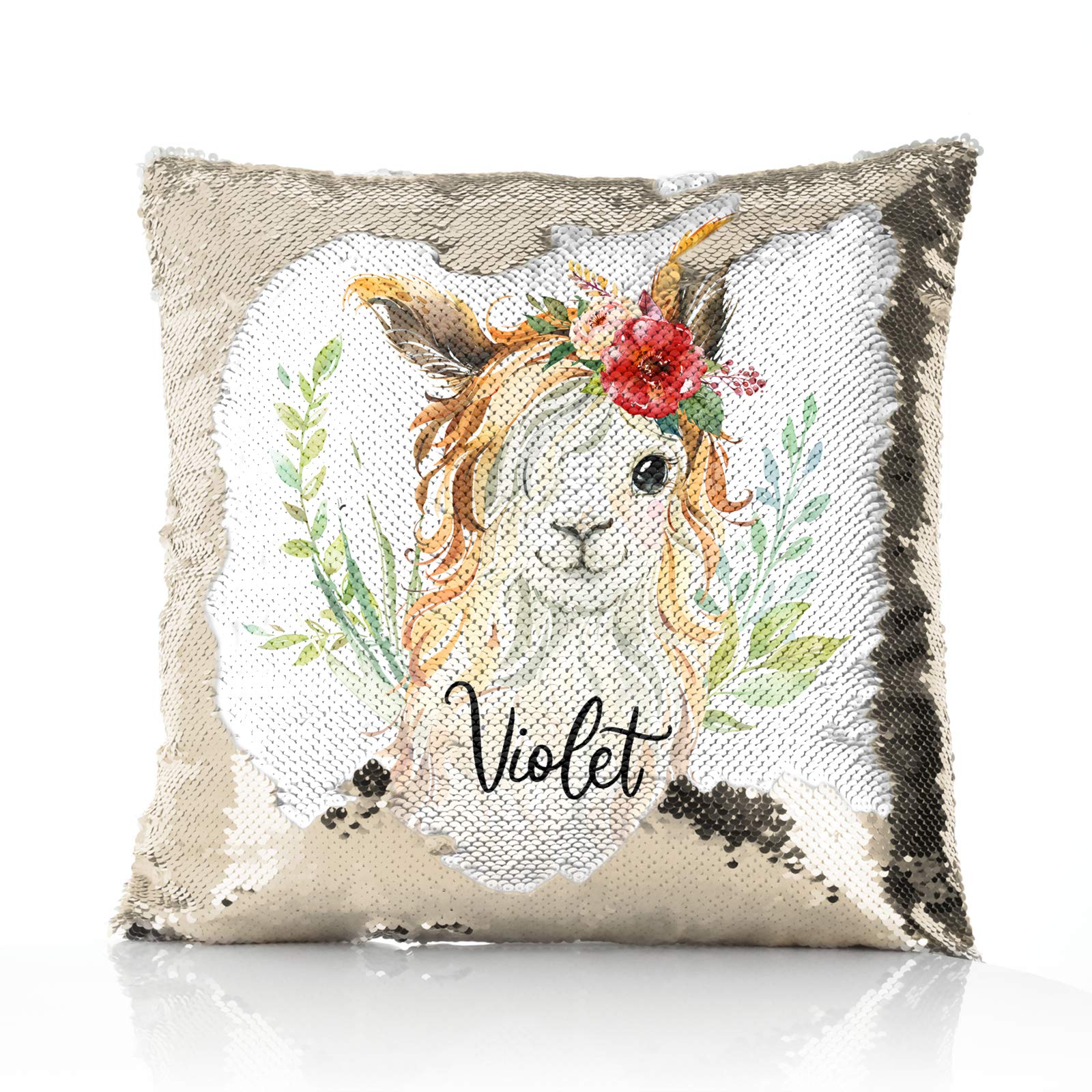 Personalised Cushion, Champagne, Silver, Blue, Red or Gold Squin Flip Square Cushion Customised with Initial/Name/Text, Goat Red Flower Hair Design, Square Pillow โ image 1
