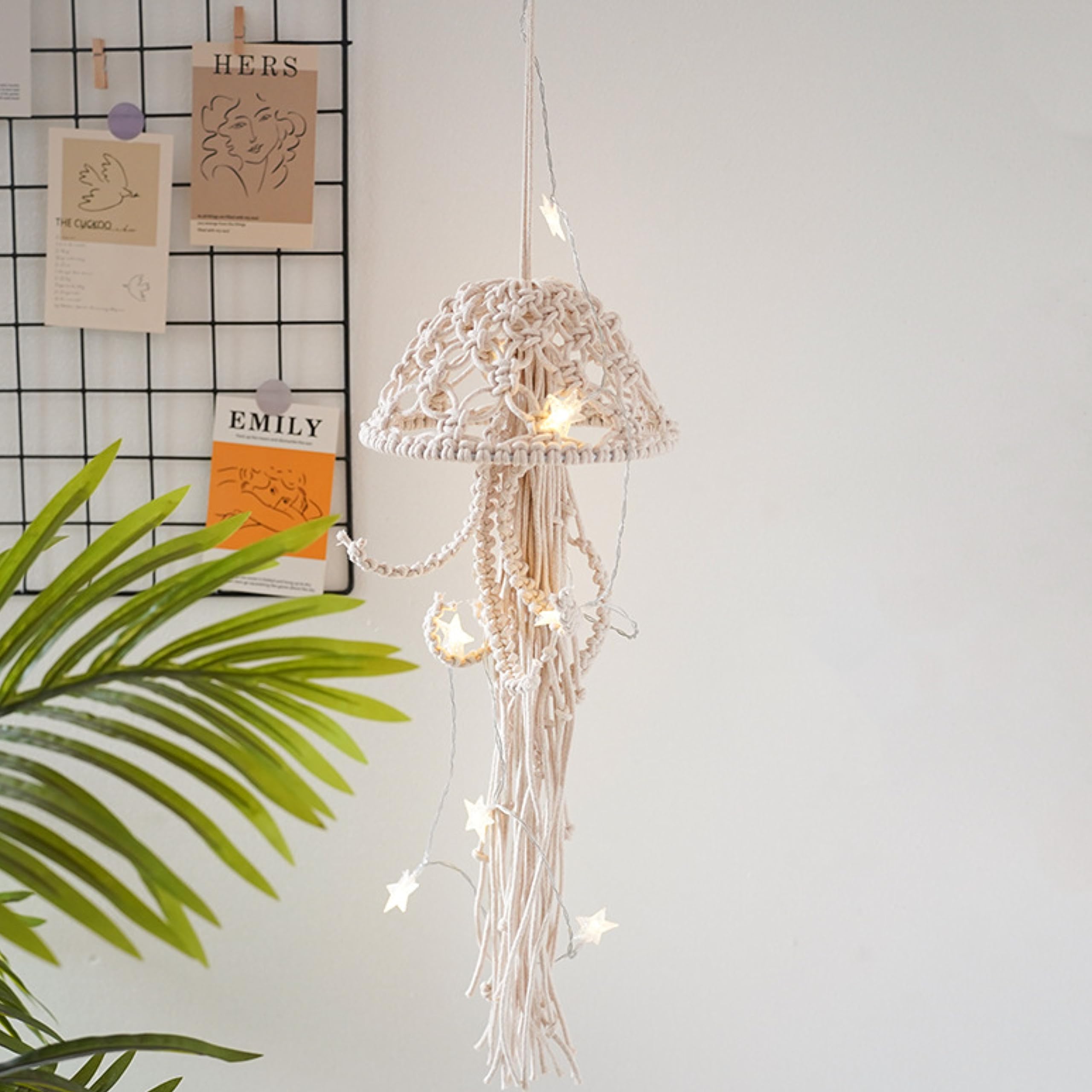 Macrame Wall Hanging,Jellyfish Dream Catcher with Star Lights,Bohemian Woven Wall Art Decor Beautiful Apartment Dorm Room Door Decoration (White)