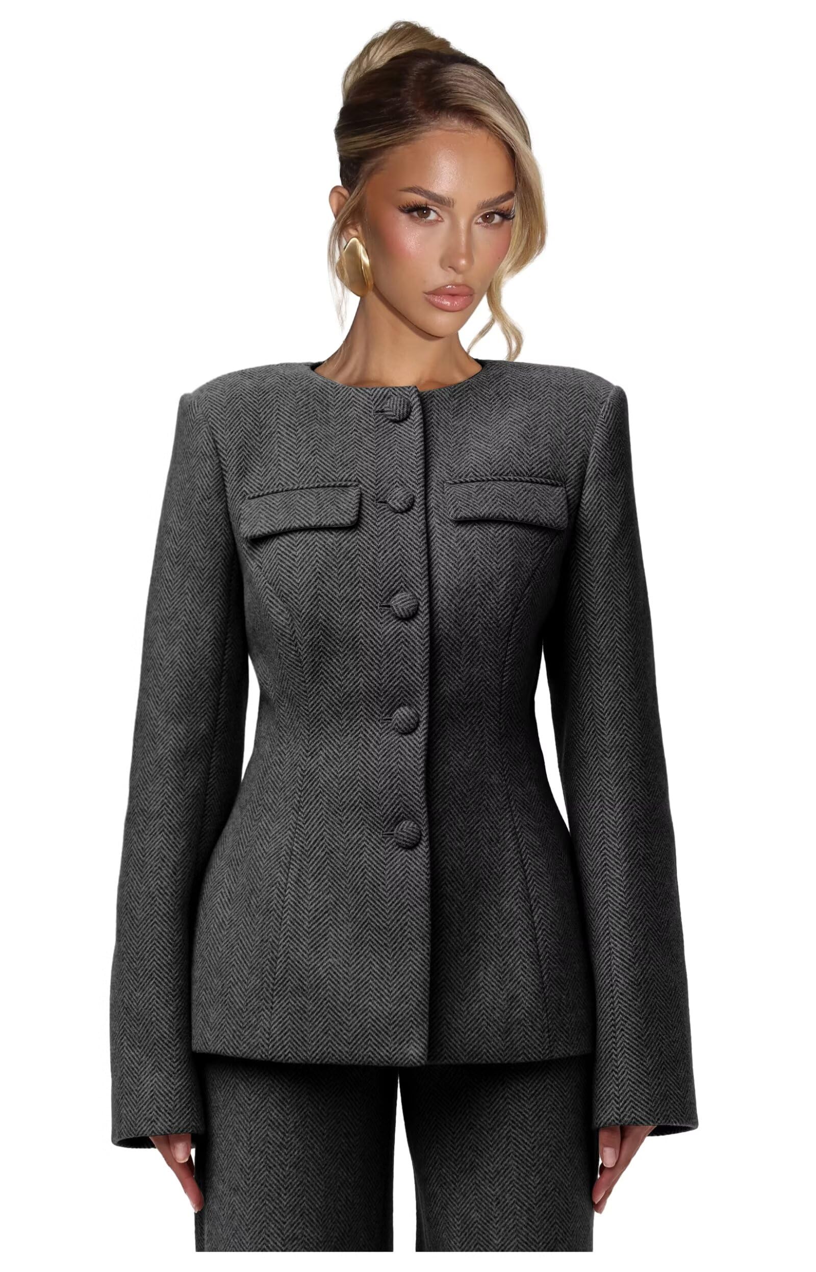 Tweed Womens Suit Dressy 2 Piece Suits for Women Business Casual Winter Herringbone Pant Suits for Women