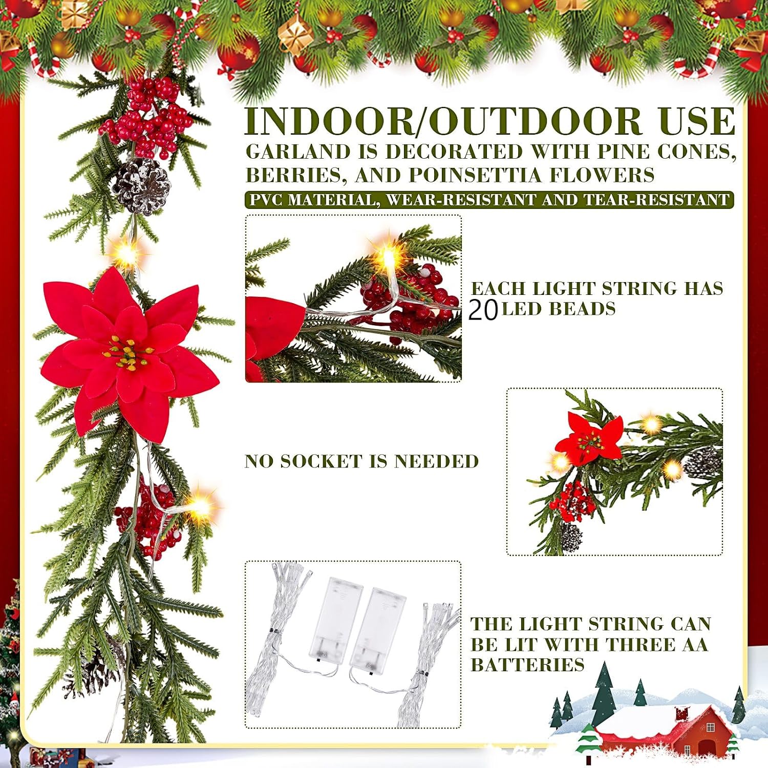 Crowye 2 Pcs 6.5 Ft Christmas Poinsettia Garland with Lights, 20 LED Artificial Pine Garlands Lighted Xmas Garland with Berries Pine Cones for Home Mantle Fireplace Stairs Decorations (Red)