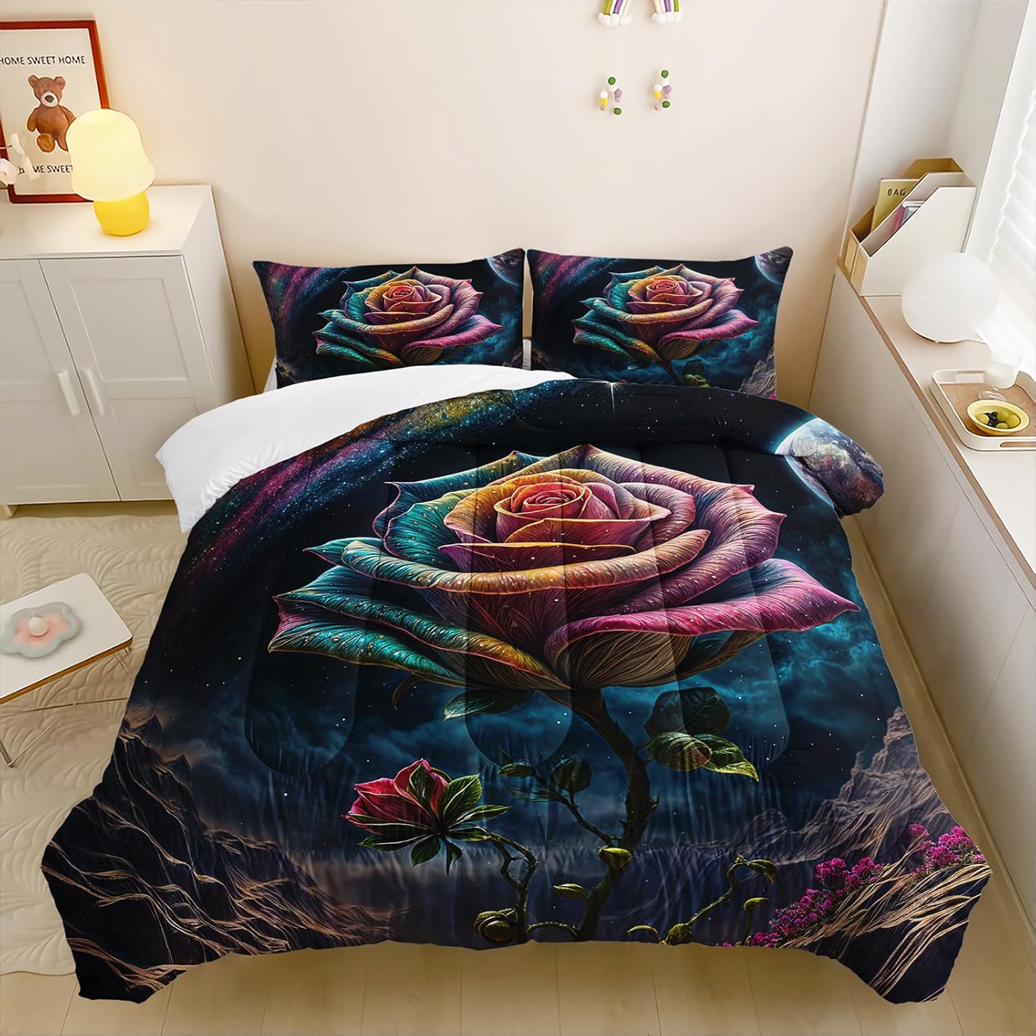 Gothic Rose Comforter Set Twin Size, Botanical Floral Family Bedding Set for Aduits Girls, Lightweight Soft Microfiber Colorful Flower Comforter with 2 Pillowcases.
