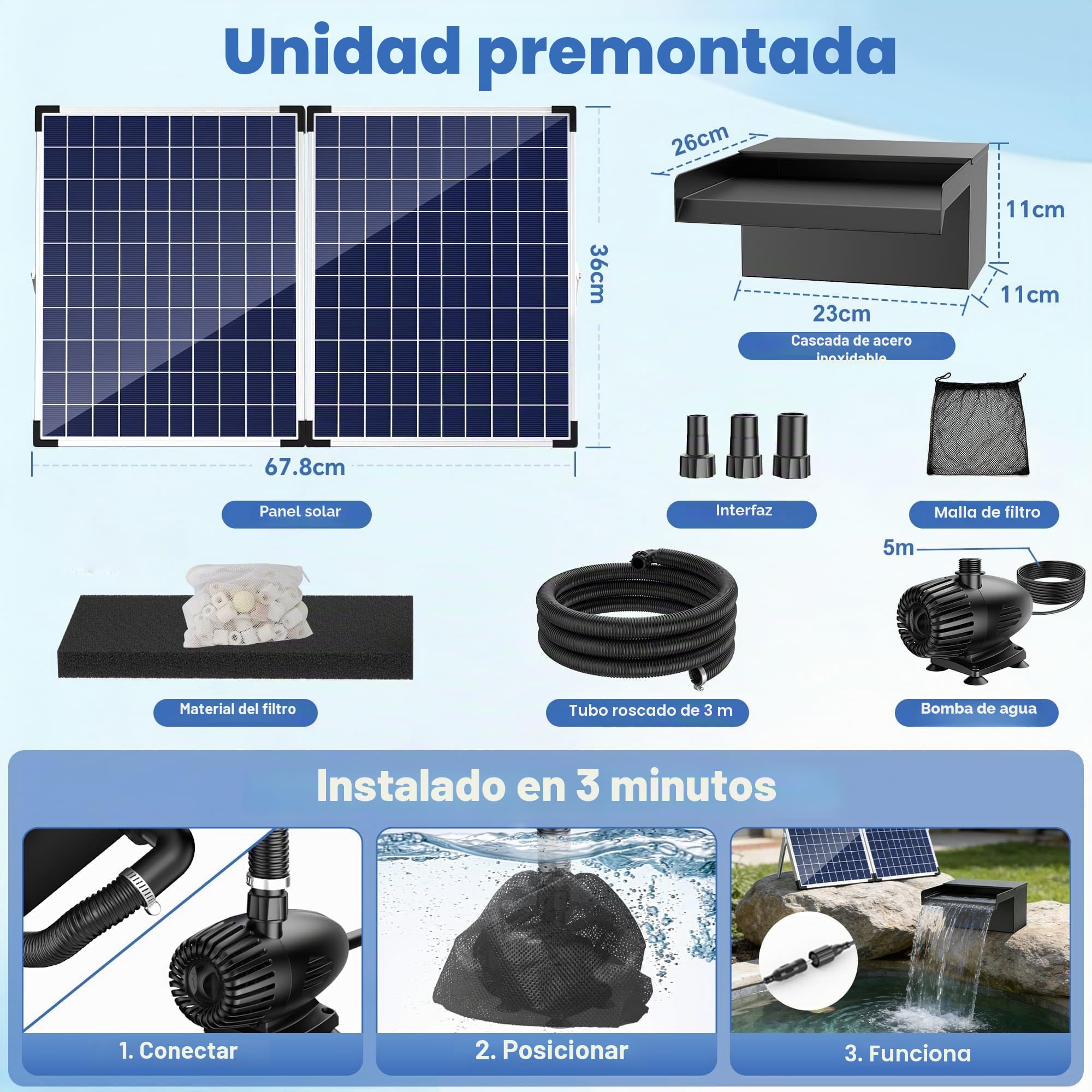Biling 50W Solar Cascada de Agua de Acero Inoxidable Set Completo con Bomba y Filtro 40W 2100L/H 20 cm Cascada de Agua para Estanque de Jardín, Estanque de Koi, Estanque de Natación, Decoración de