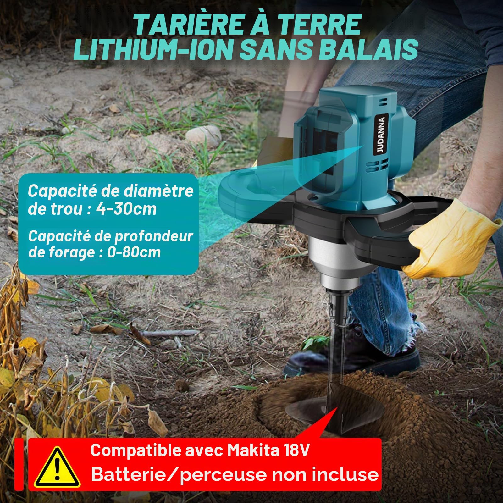 Professional Tarière sans fil pour Makita 18V batterie,moteur sans balais pour horticulture/pose de pieux, compatible avec forets moulus de 20 mm, embouts de forage à glace, sans batterie ni Chargeur