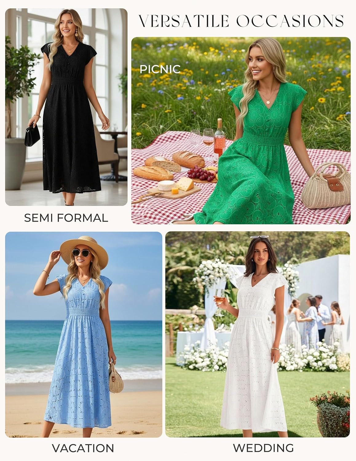 GRACE KARIN Women 2026 Summer Midi Dress,Ruffle Sleeve V Neck Smocked Eyelet Dresses,Flowy A Line Beach Vacation Dresses - Image 6