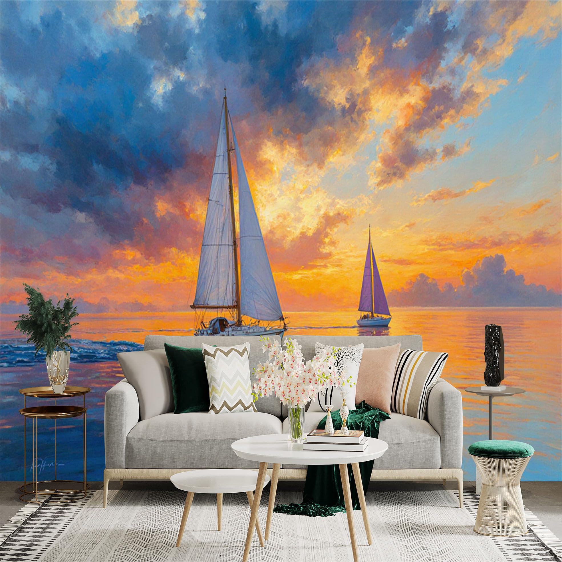 Custom Size Wall Sticker Mural， Sailboats on Calm Ocean， Golden Sunset Sky， Nautical Seascape View， for wall Decoration， peelandstick wall Decals.
