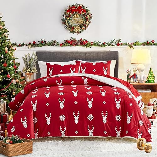 Juego de edredón de franela de Navidad, tamaño Queen, diseño de ciervos rojos y blancos, juego de ropa de cama de 3 piezas para el invierno, edredón