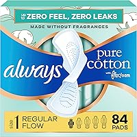 Always Pure Cotton FlexFoam Pads with Wings, Size 1 Regular Absorbency Unscented, 84 Count (3x28) - Zero Leaks & Feel