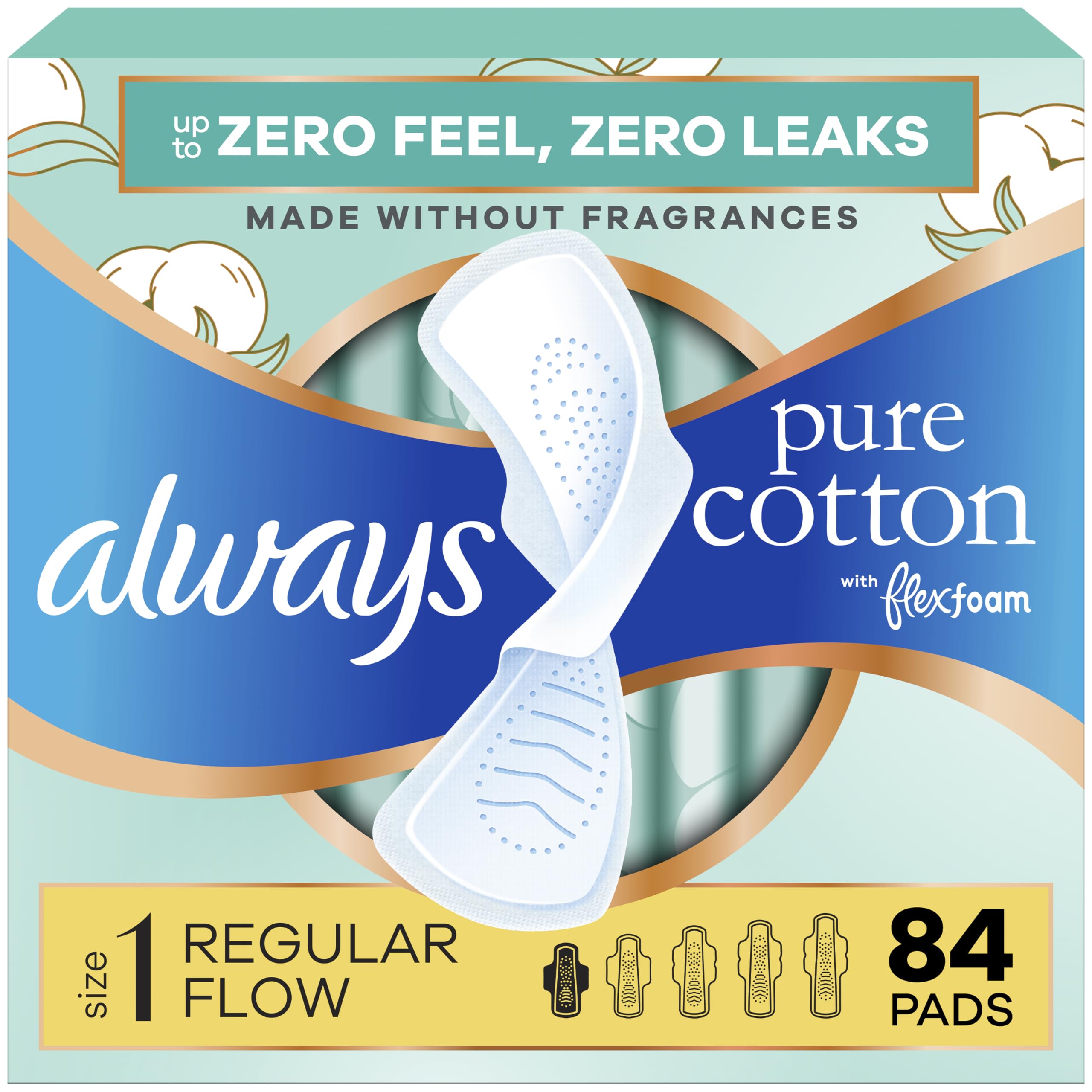 Always Pure Cotton Feminine Pads for Women, FlexFoam Pads with Wings, Size 1, Regular Absorbency, Unscented, 84 Count (3 Packs of 28)