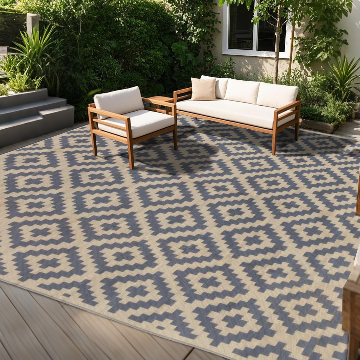 SAND MINE Waterproof Outdoor Rug 6x9 ft, Plastic Reversible Rug, Modern Area Rug, Large Floor Mat for Outdoors, RV, Patio, Backyard, Deck, Picnic, Beach, Camping, Black Grey Lattice