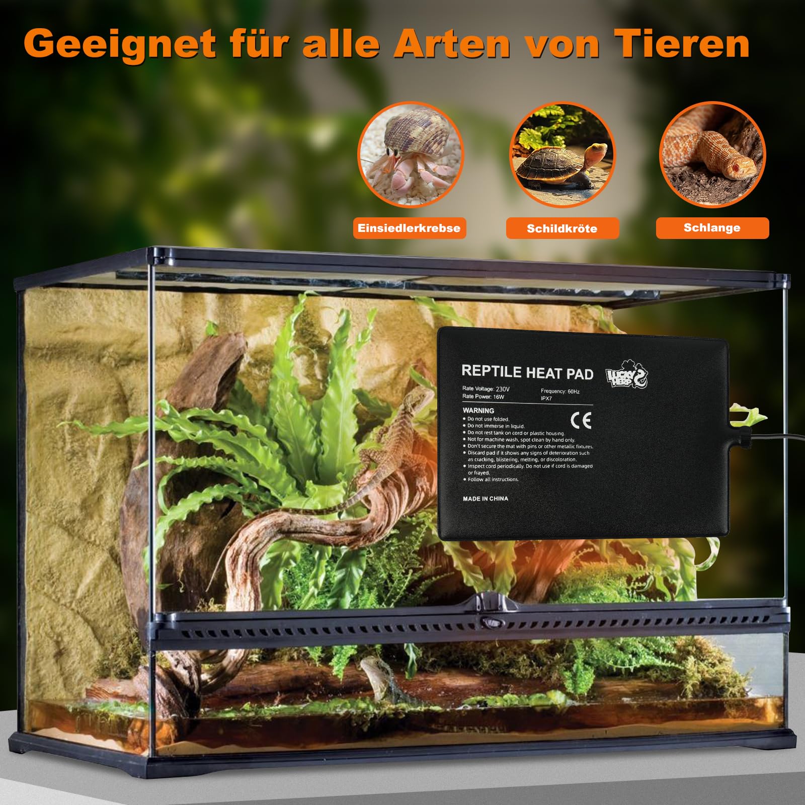LUCKY HERP Heizmatte Terrarium 16W, Reptilien Terrarium Heizung Regelbar für Aquarienheizkissen, 20x30cm Heizkissen mit Temperaturregelung für Reptilien, Schildkröte, Schlangen, Eidechsen, Geckos