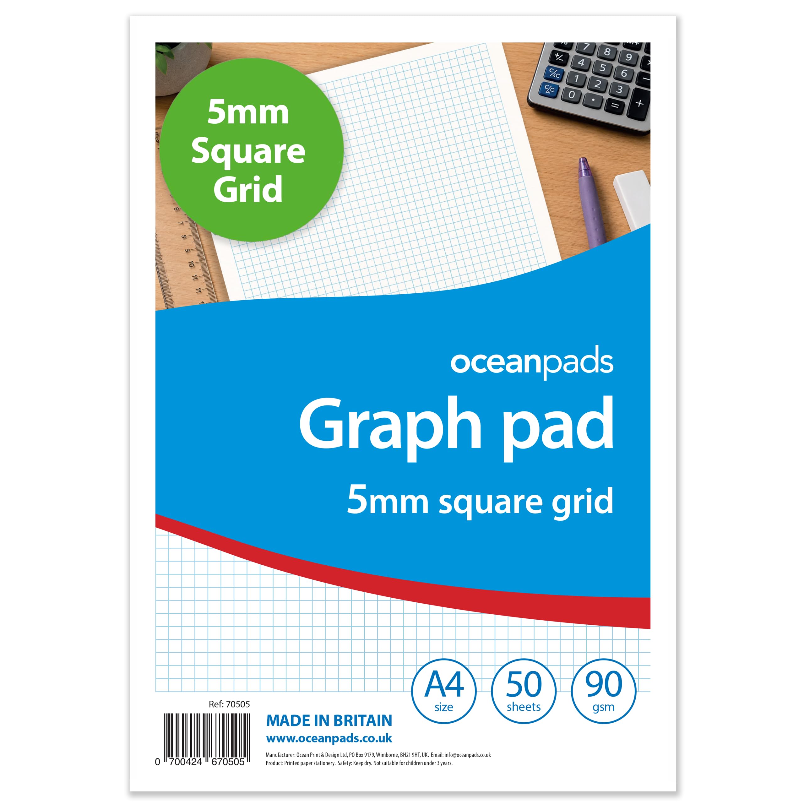 A4 Graph Pad 5mm Square Grid – 50 Sheets 90gsm Graph Paper for Technical Drawing, Plotting Graphs, Engineering & Drafting – Ocean Pads (70505)