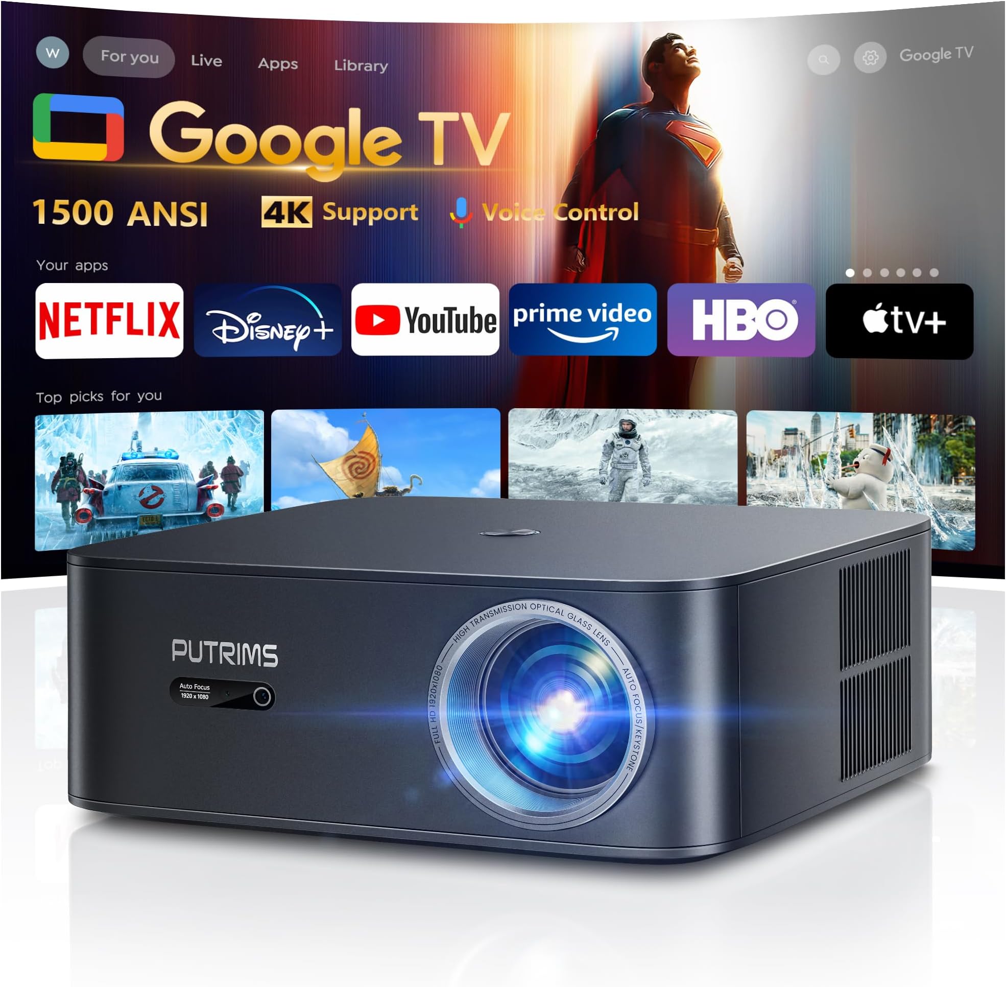 [1000 ANSI/Google TV] Smart Projector with WiFi 6 and Bluetooth, Support 4K Netflix Licensed, Outdoor Movie Projector, Ceiling Auto Focus Projector