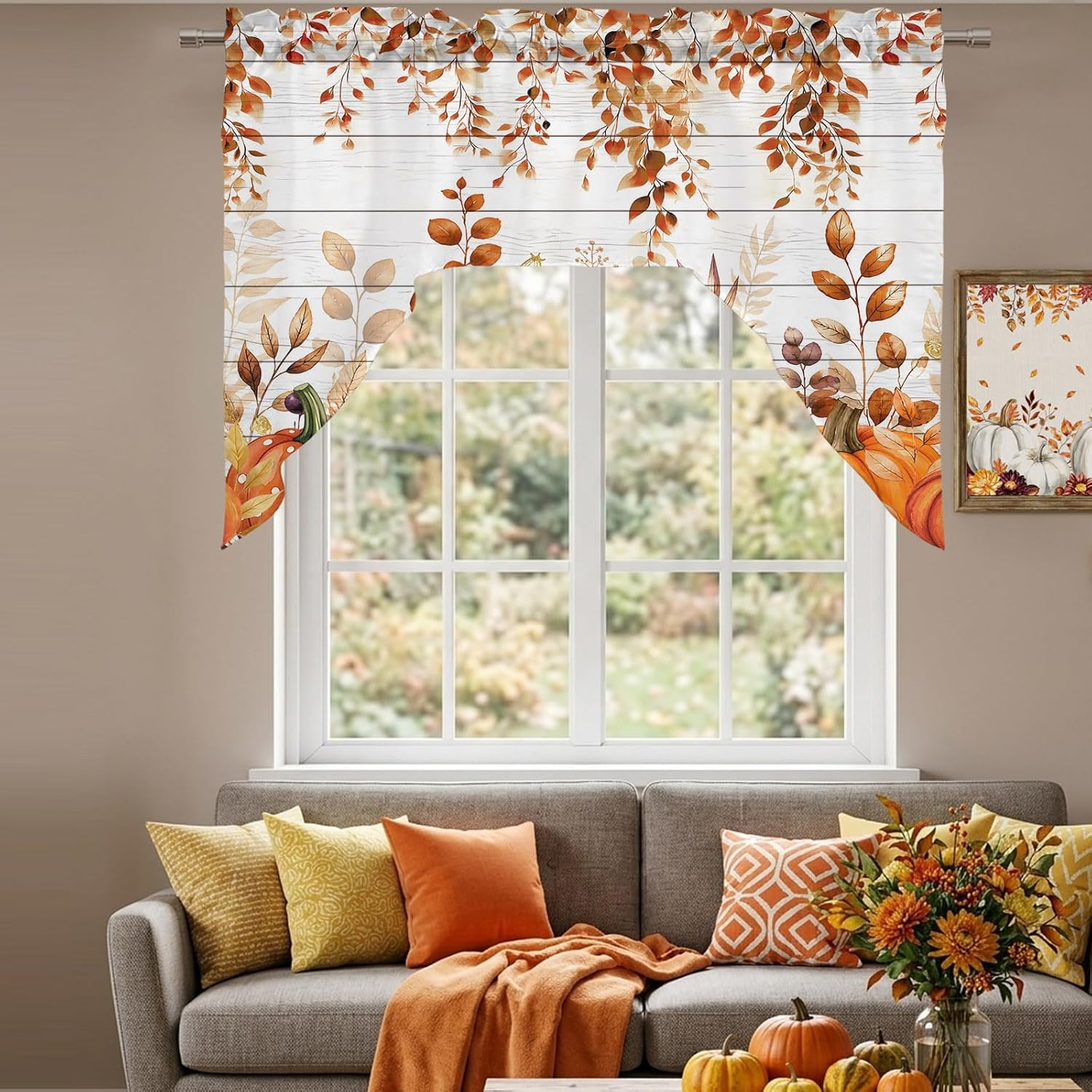 Thanksgiving Pumpkin Swag Valance for Windows 56''x36'', Burnt Orange Fall Light Filtering Kitchen Curtains Eucalyptus Valances for Bathroom/Living Room/Bedroom/Café, Rod Pocket Wooden Curtain Panel