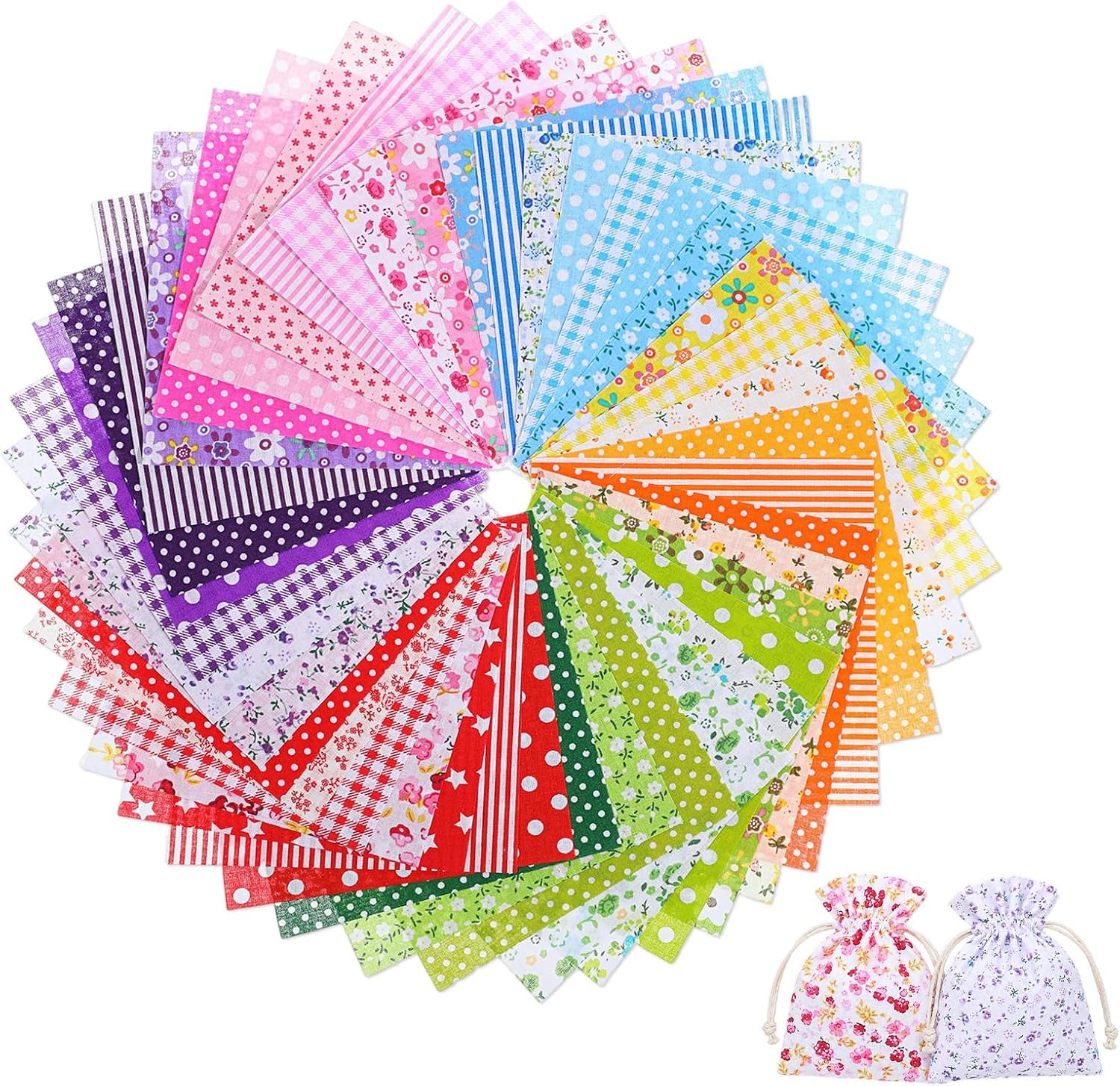 5x5 Inch Cotton Quilting Fabric Squares, 42 Pcs Pre-Cut Squares, Rainbow Color Assortment Floral Patchwork Bundle for DIY Sewing, Scrapbooking and Craft Projects (6 Assorted Colors)