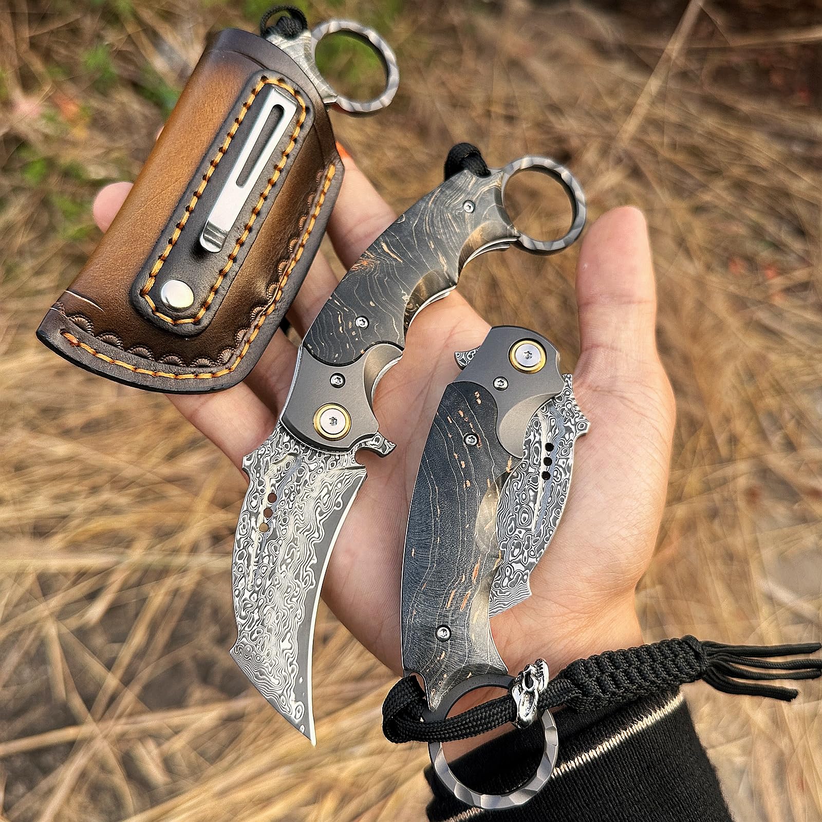 Handgefertigtes Damaszener-Stahl-Klappmesser, mit Rindslederscheide und Taschenclip, 2.8in Klinge, Klappmesser Taschenmesser, Holzgriff, Männer und Frauen Outdoor-Camping-Dienstprogramm Messer
