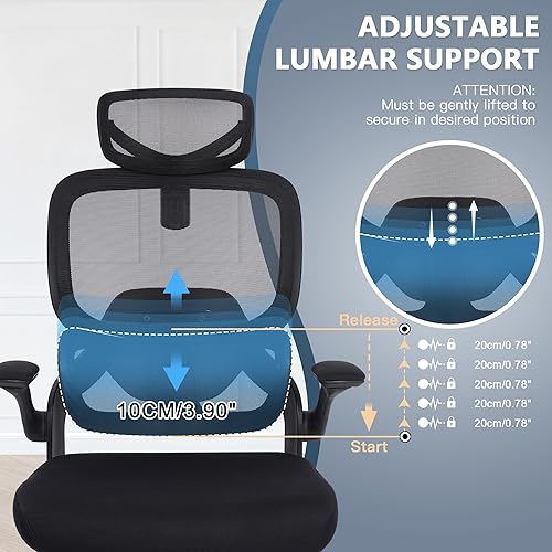 Miniatura 4 de Silla de oficina ergonómica de malla, silla de escritorio de respaldo alto con soporte lumbar arriba y abajo, reposabrazos 3D y reposacabezas 2D,