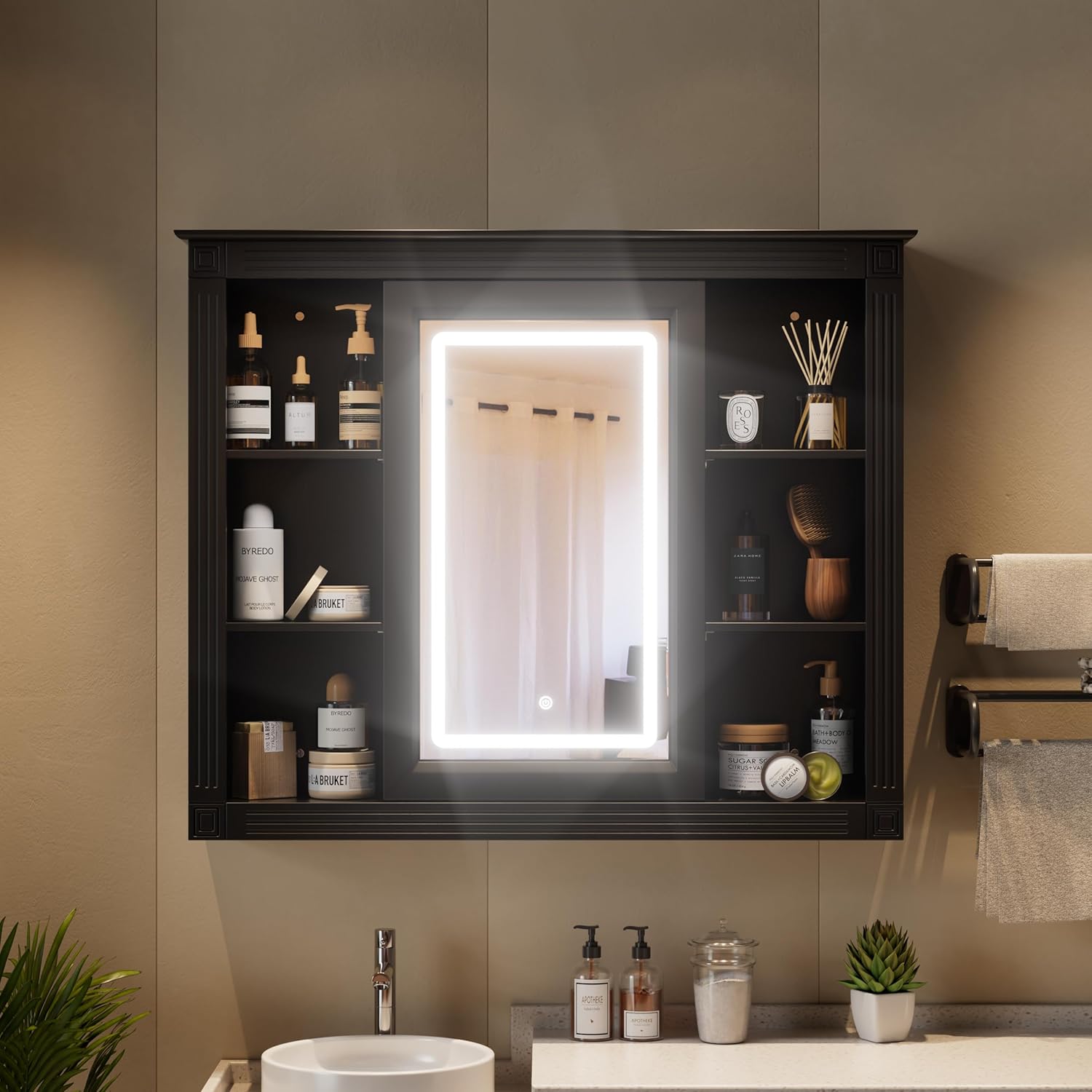 PAKASEPT Bathroom Medicine Cabinet with Mirror, Wood Medicine Cabinet Over The Toilet Storage Organizer with Mirrored Doors, Bathroom Wall Mirror Cabinet