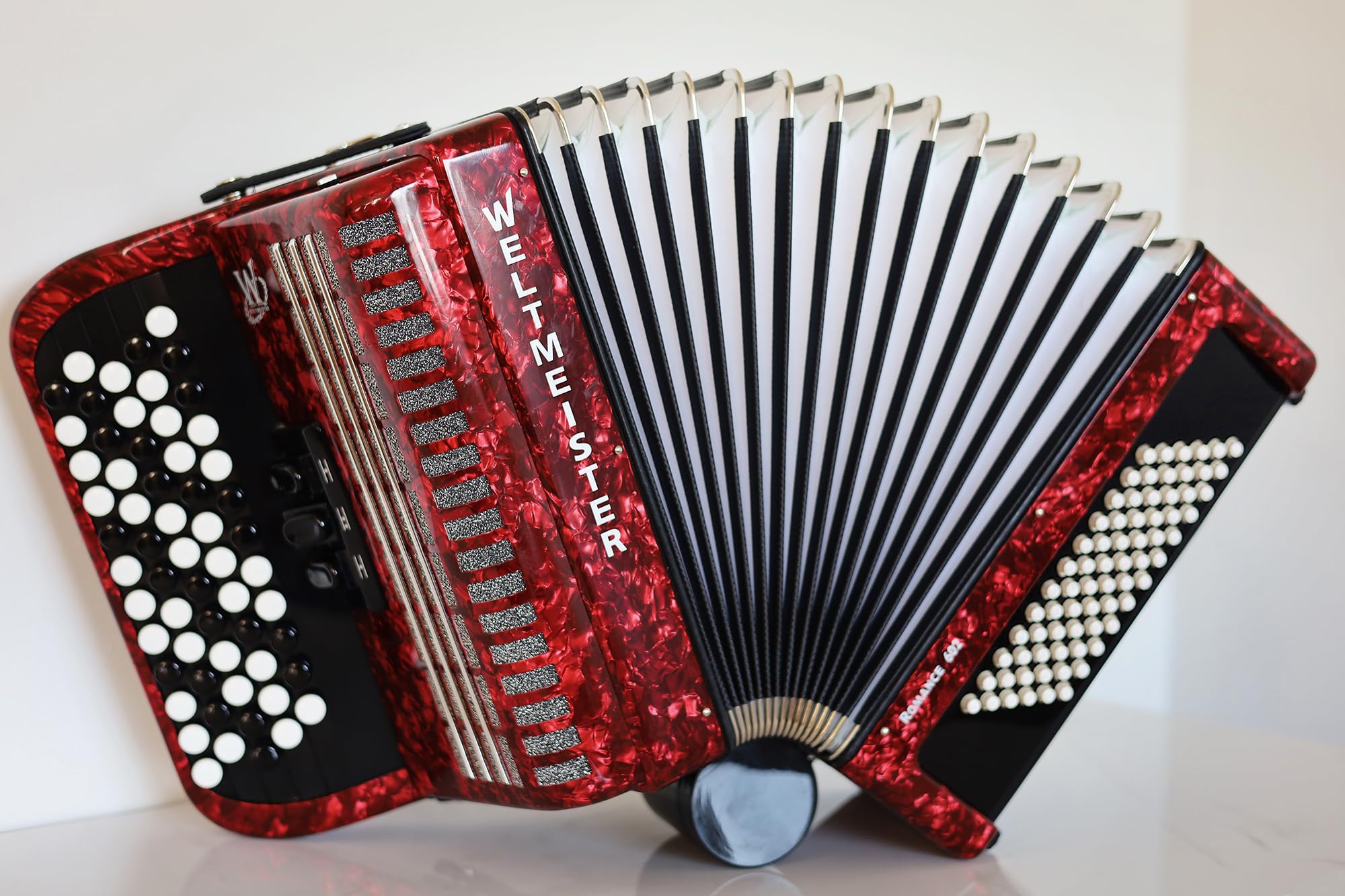 Generic NEW Weltmeister Romance 602 Button Accordion, made in Germany, 72 Bass buttons, Lightweight Accordion B-Gripp, Red Pearloid, incl Straps and Case, Shipping from the USA