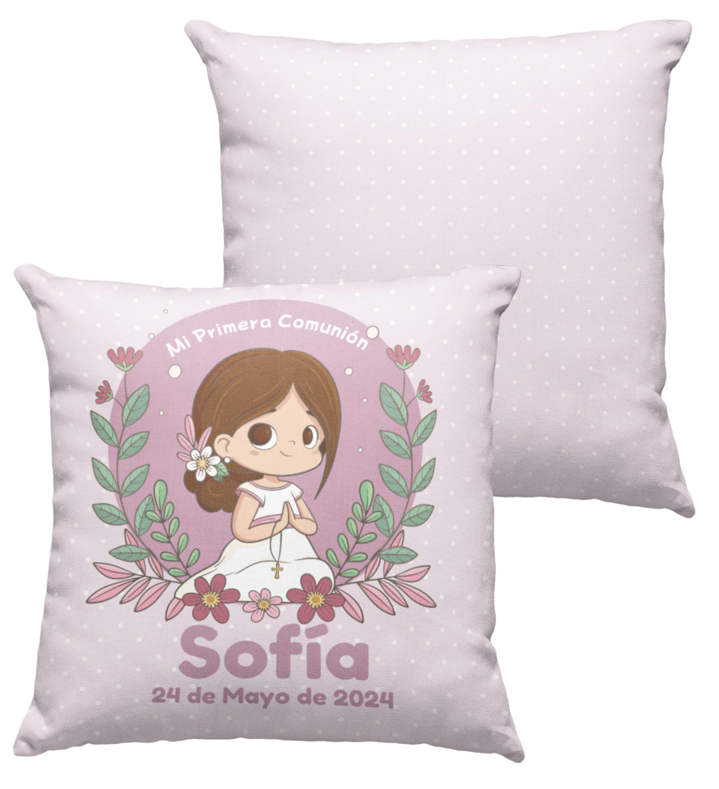 Cojín comunión niña/niño. Regalos comunión Personalizados con Nombre y Texto. Cojín Personalizado. Varios diseños. Opción de Pack. (Niña castaña)