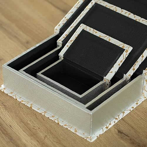 Miniatura 6 de Juego de 3 cajas decorativas de terciopelo blanco de madera antigua clásica para libros