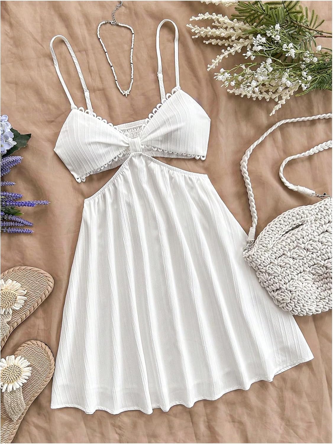 OYOANGLE Women's Cut Out Smocked Sundress Backless Ruffle A Line Cami Dress Flowy Mini Dress - Image 6