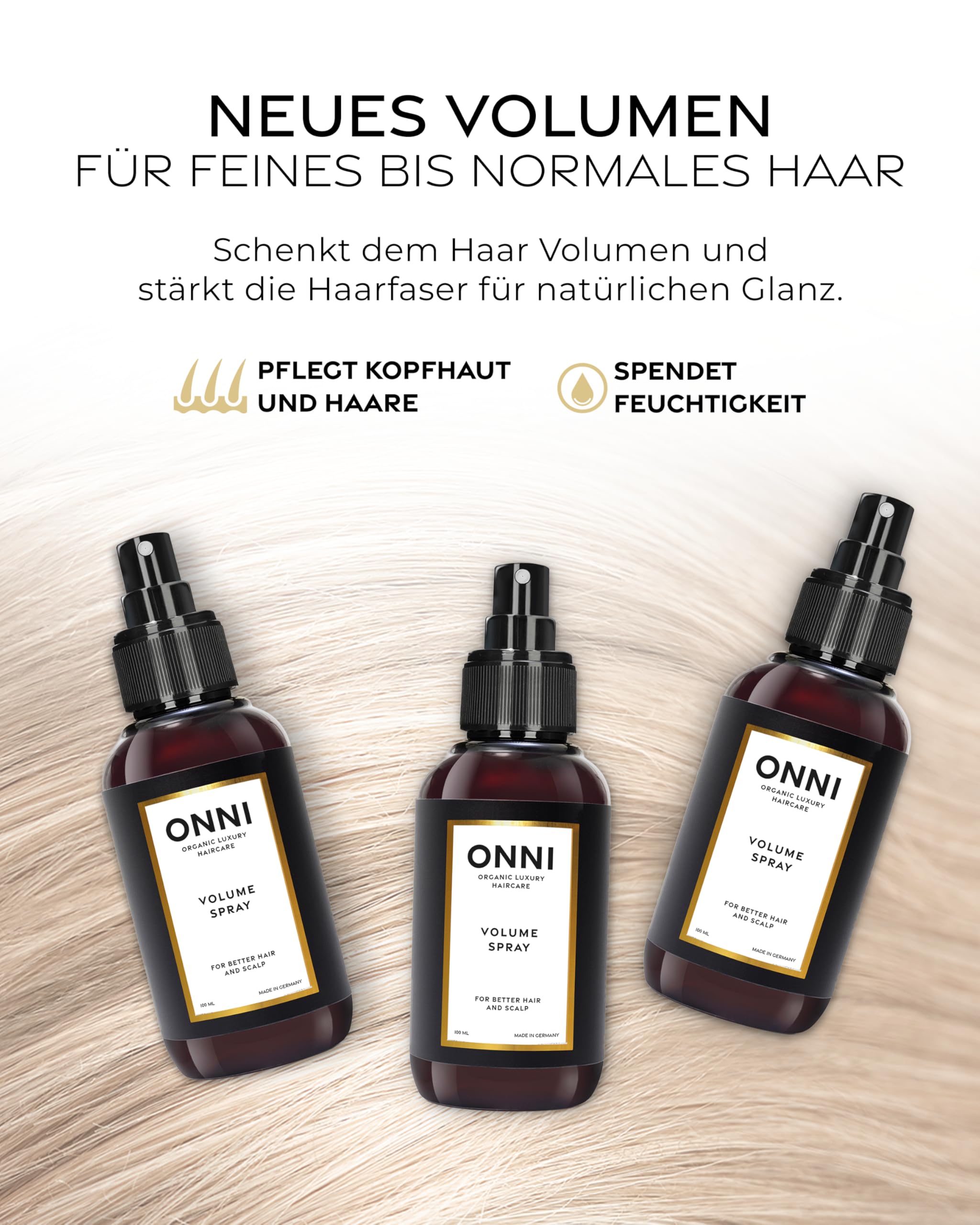 ONNI – Volumen Spray 200ml – Volumenspray für mehr Halt, Griffigkeit und Haarfülle – mit Maisstärke & Aminosäuren – stärkt das Haar ohne zu beschweren & verleiht Glanz – vegan, silikon- & parabenfrei