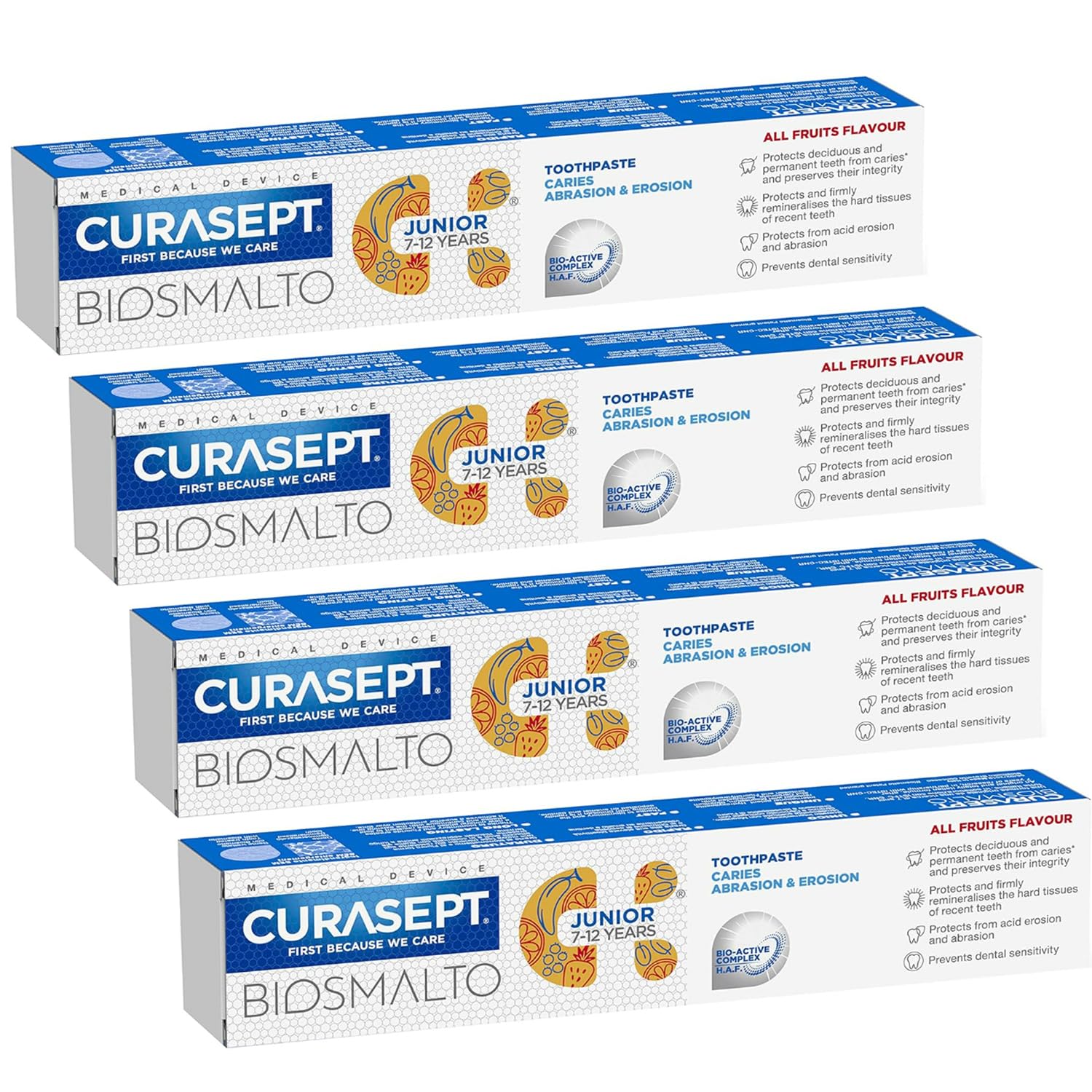 4 Confezioni da 75 ml Curasept Biosmalto Dentifricio Junior 7-12 Anni - Protezione Carie, Erosione e Abrasione - Gusto Tutti Frutti