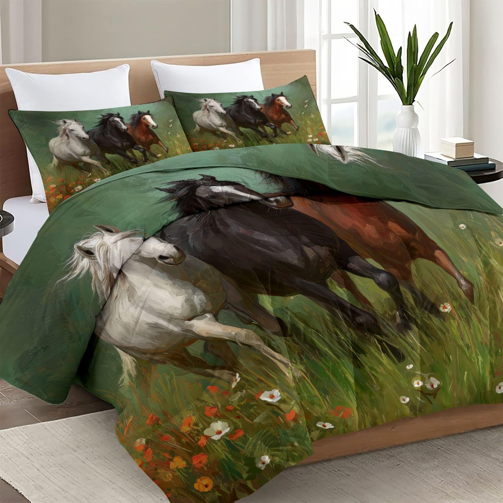 Genérico Edredón Cama Caballo, Animal Natural 240x220 cm, Edredón Reversible Sin Funda - Parure de Cama Tacto Suave, Listo para Usar y Lavado Fácil en Lavadora,Verde
