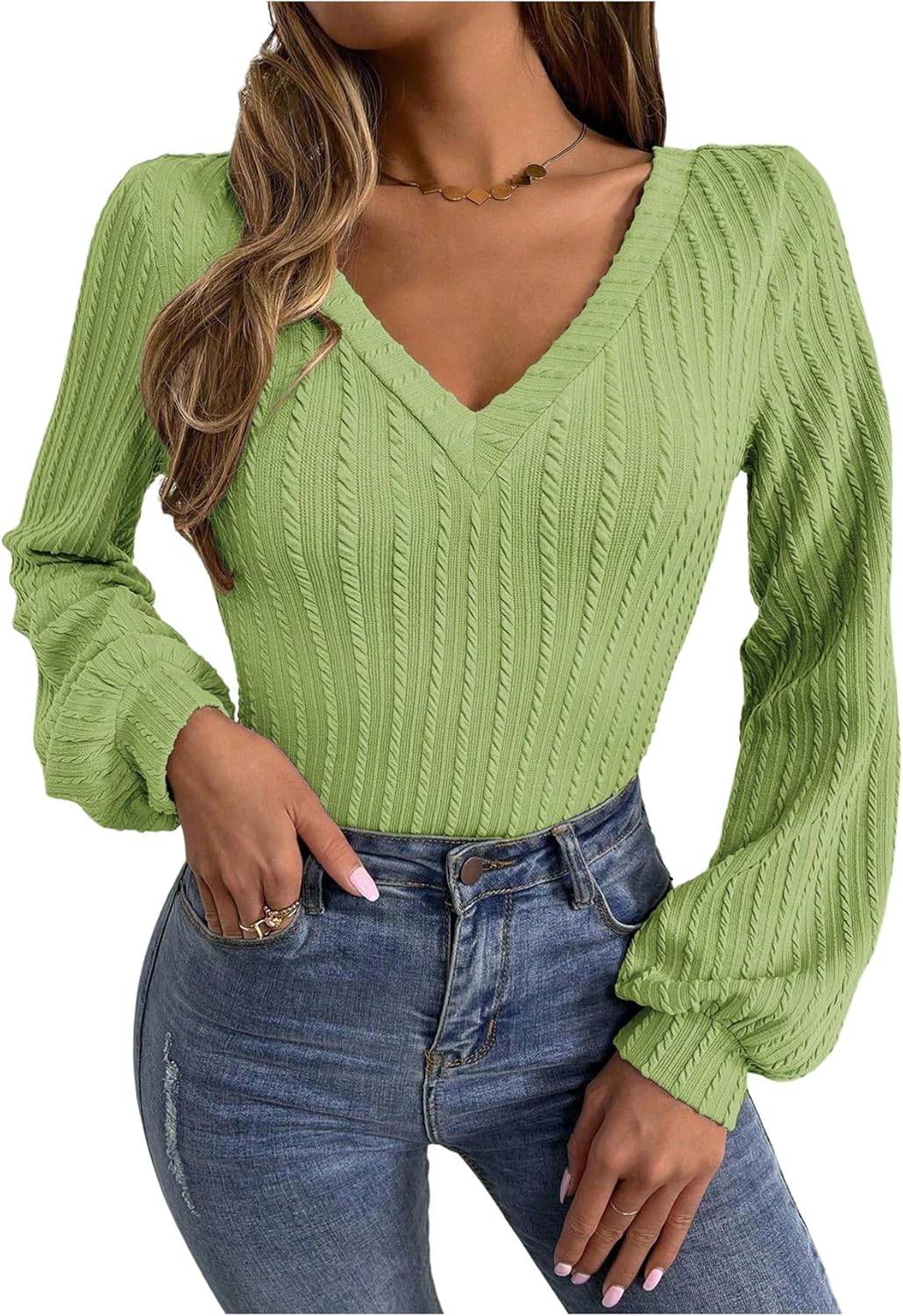 OYOANGLE Women's Textured Lantern Long Sleeve Tshirts V Neck Dressy Fall Tee Tops