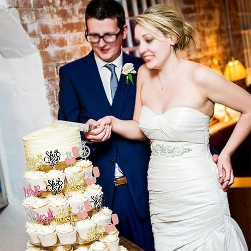 Miniatura 51 de 30 PCS He Asked She Said Yes Cupcake Toppers Love I Do Diamond Ring Cupcake Picks for Wedding Enaggement Bridal Shower Party Cake Decorations Black