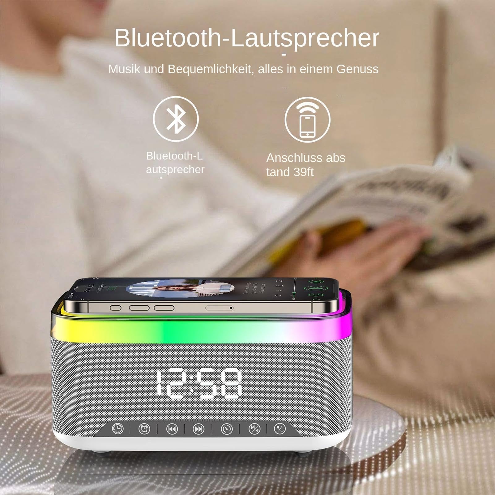 Sveglia con Ricarica Wireless Lampada con Altoparlante Digitale | Sveglia con Ricarica Wireless e Rumore Bianco Per Uso da Comodino Notturno Interni Casa Sonno Postazione di Lavoro Scrivania