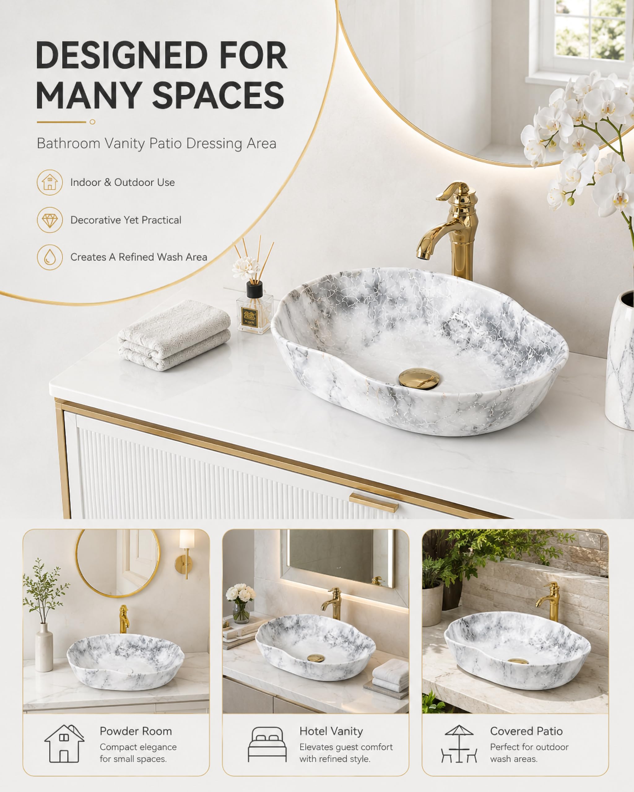 Lavabo da Appoggio in Stile Moderno con Rubinetti per Acqua Calda/Fredda E Scarico Lavandino di Forma Irregolare in Stile Artistico Piccolo Lavabo Appoggio Bianco 50Cm,F,50.5×37.5×14cm