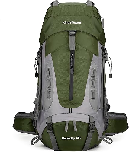 King'sGuard Mochila de senderismo 60L Mochila ligera para acampar con cubierta de lluvia Mochila grande impermeable plegable al aire libre, Verde