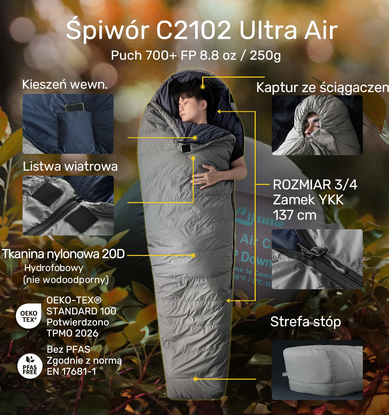 Litume Ultralekki śpiwór dla mumii letni 3 pory roku, 3°C - 15°C, 700+ FP, kompaktowy i przenośny na wędrówki, podróże, kemping, na zewnątrz, dla dorosłych, trwały (C2102)