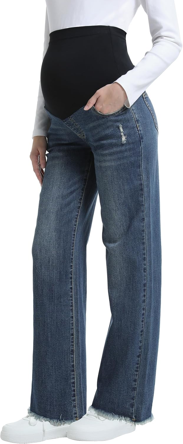 V VOCNI Maternity Jeans Wide Leg Stretch Over The Belly Pregnancy Jeans Straight Raw Hem Loose Denim Pants
