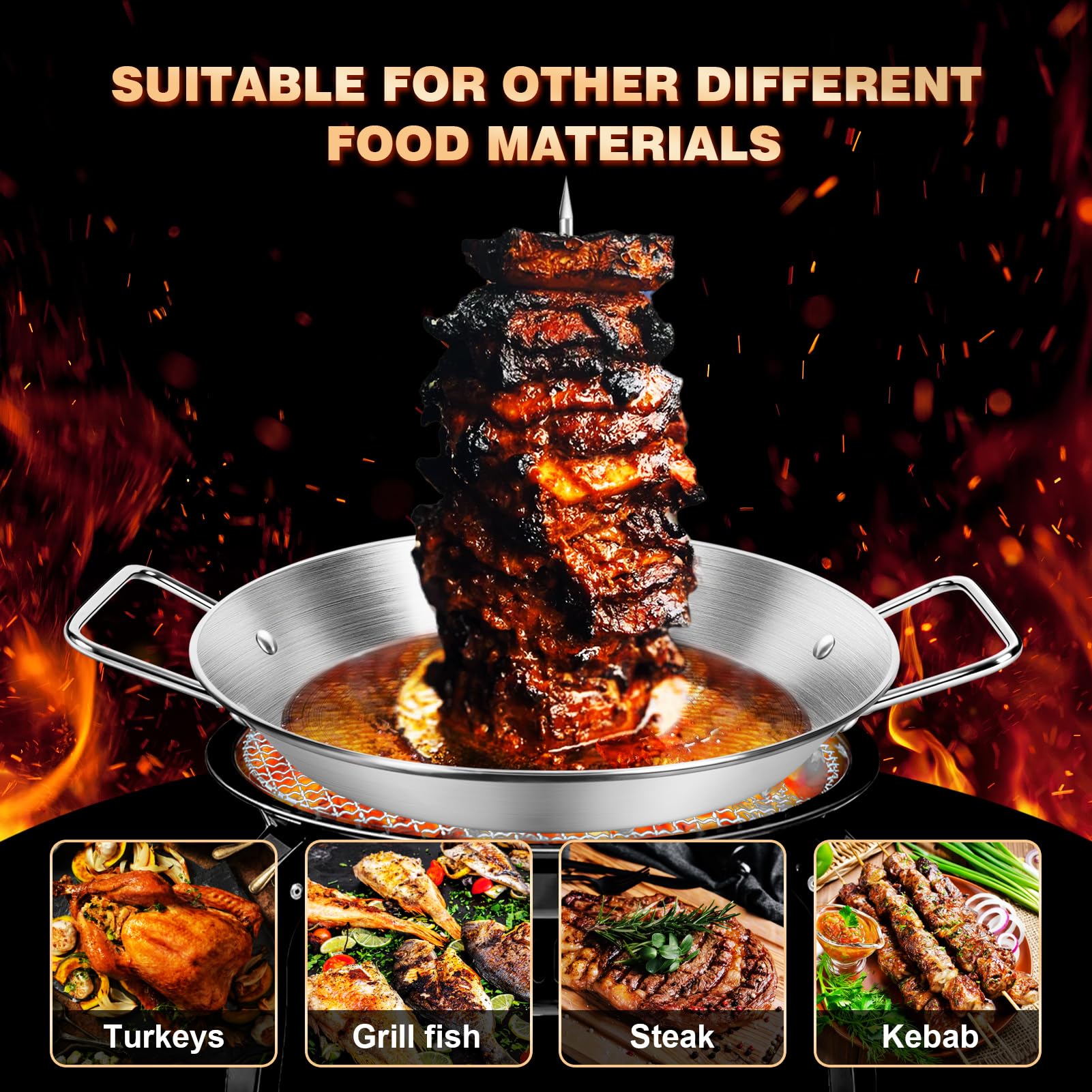 Edelstahl Al Pastor & Gyro Grillspieß-Set - Vertikale Grillpfanne Mit 3 Spießen (20-30 Cm), Bürsten, Zange