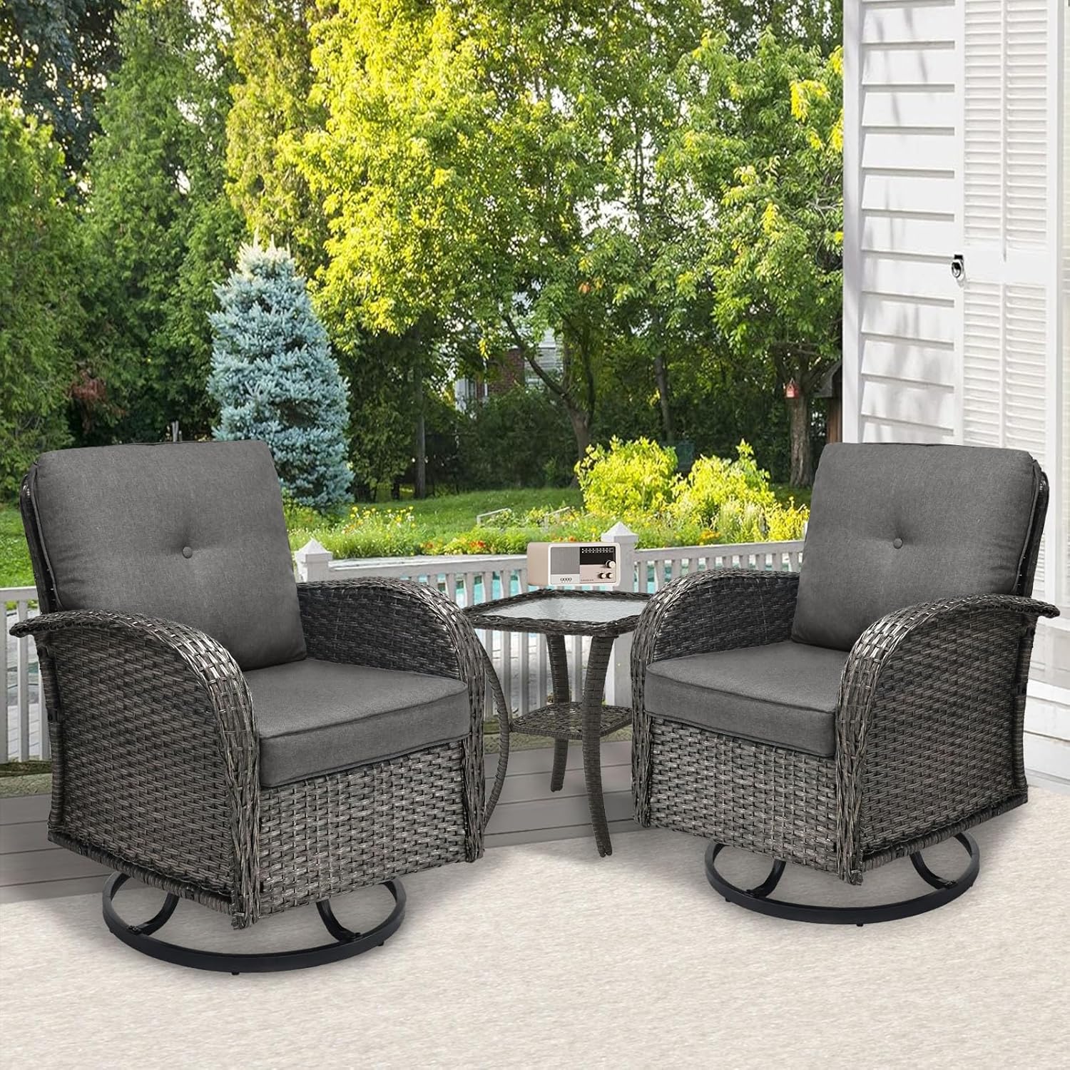 SHGJ&SOFT 3 Piece Patio Furniture Set, 2 Outdoor Swivel Rocking Chairs with Side Table, Wicker Glider Chairs, All-Weather Rattan Bistro Set for Porch, Deck, Pool (Grey, Grey Full-Weave Rattan)